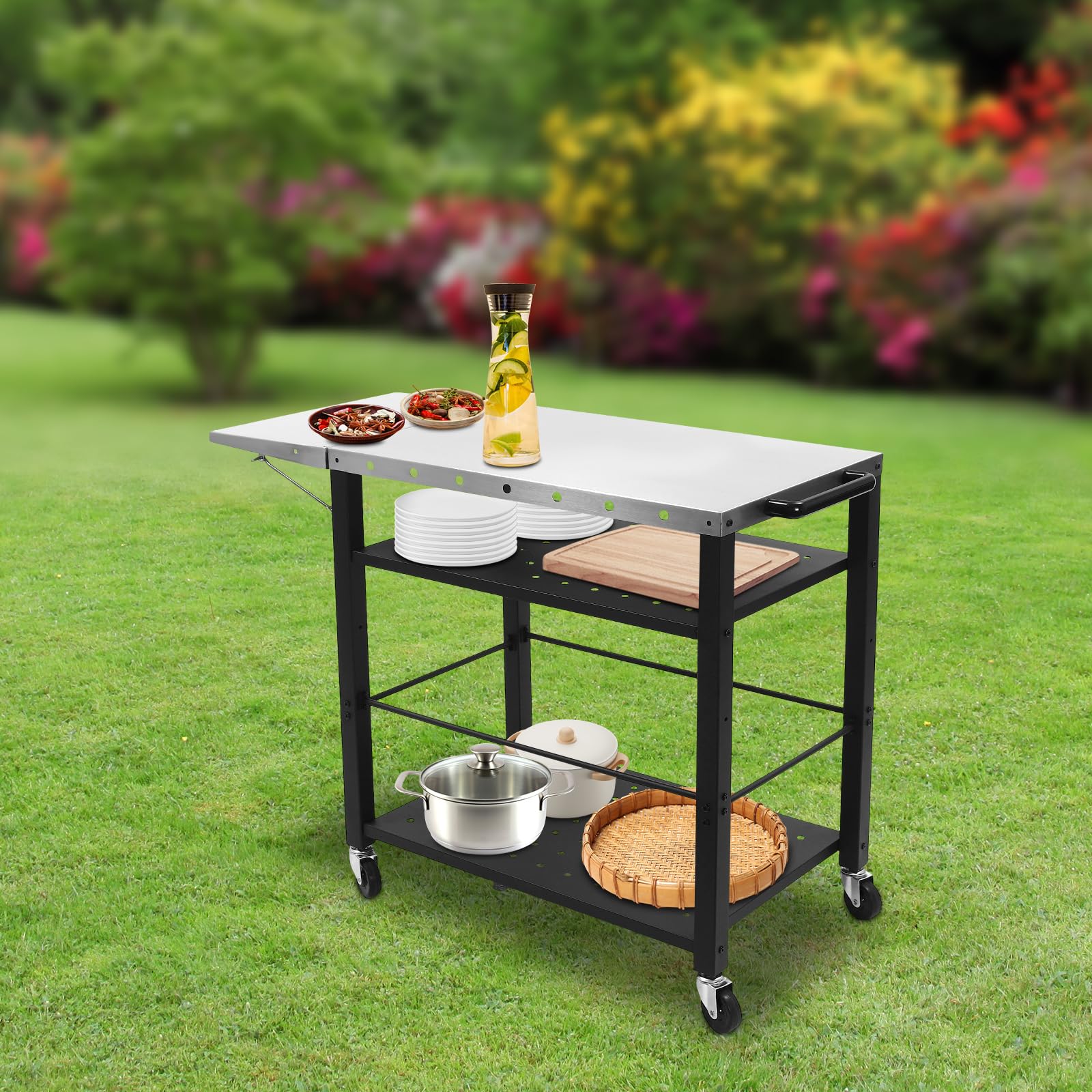 Mesa de barbacoa portátil para exteriores, barbacoa, mesa auxiliar, jardín, plegable, carrito de servir, carrito de acero inoxidable, mesa de barbacoa multifuncional con ruedas para terraza