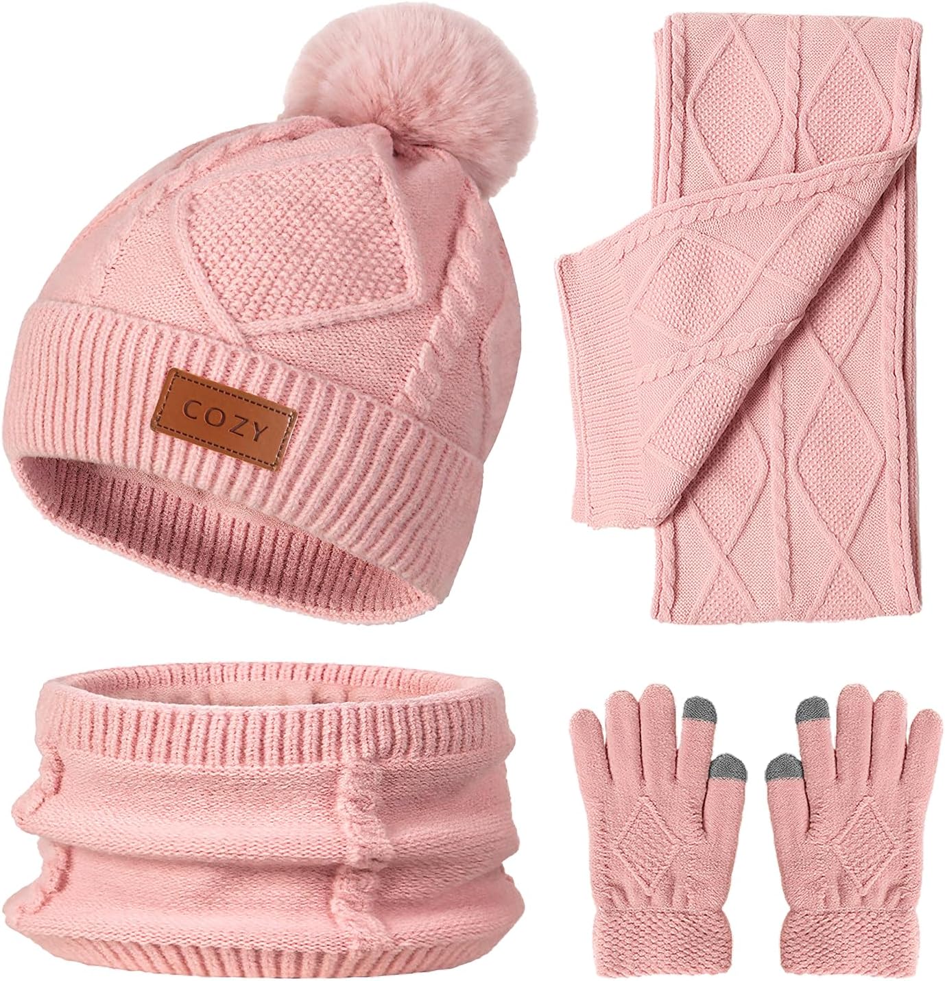 4 Pieces Winter Hat Scarf Glove Set for Women,Fleece Lined Beanie with Pom Pom,Touchscreen Gloves Knit Scarf for Cold Weather