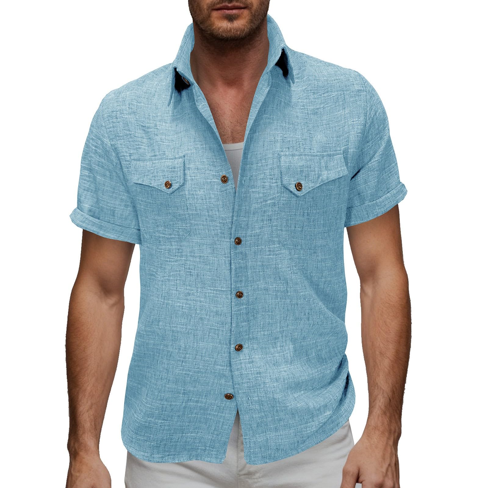 Generico Camicia Uomo in Cotone e Lino Maniche Corte Estiva Regular Fit la Spiaggia Camicie con Collo Button-Down Le Vacanze e Il Lavoro Camicia Hawaiana Uomo 3XL Cotone
