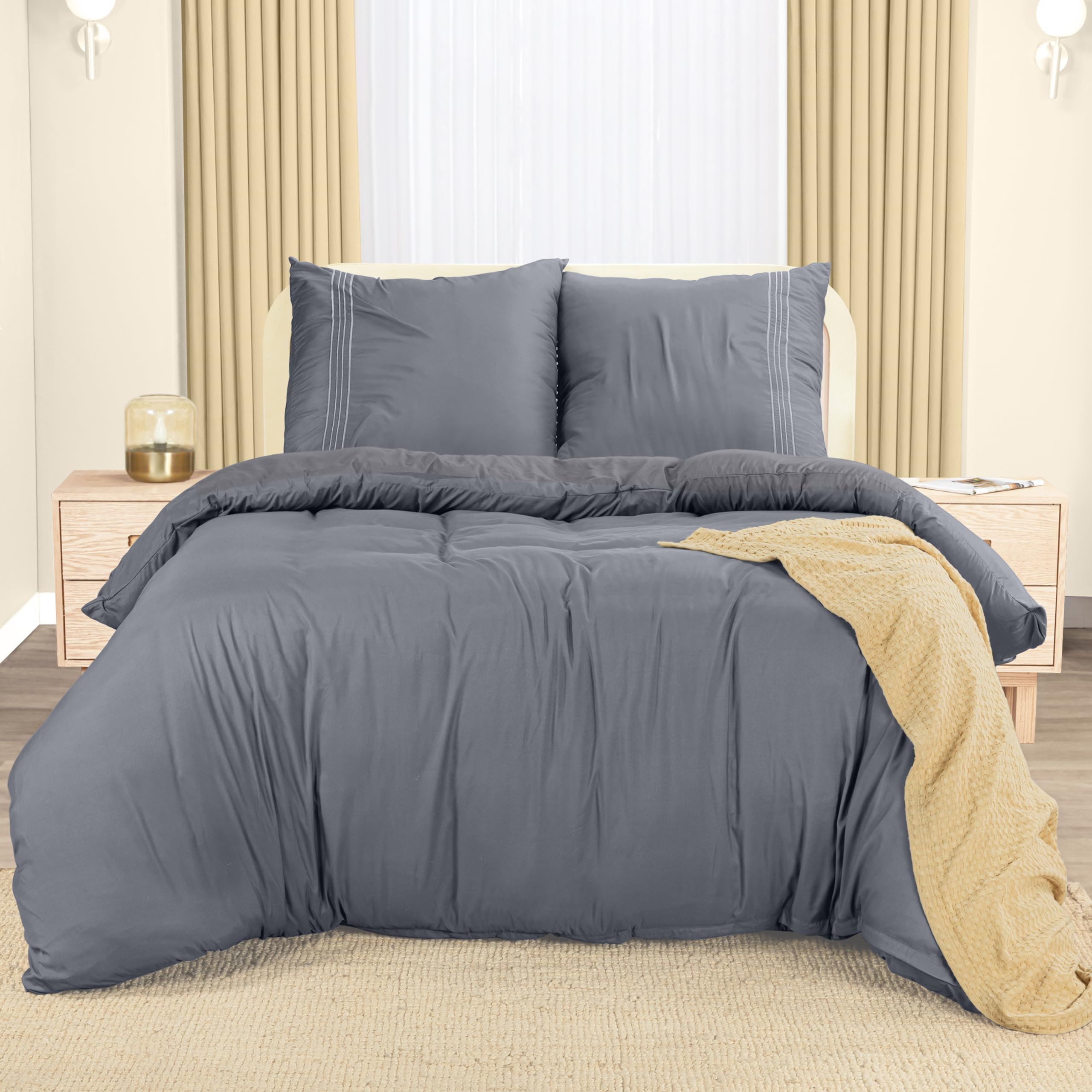 Utopia Bedding Funda Nordica Cama 105 - Microfibra Juego de Funda de Edredon 200x200 cm y 2 Bordado Fundas de Almohada 80x80 cm (Gris)
