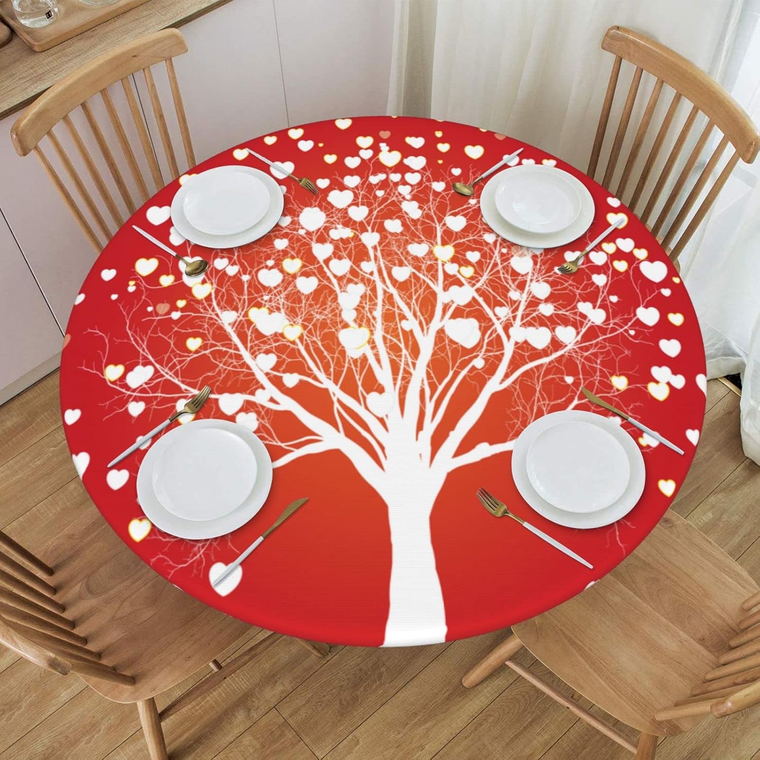 Fiokroo Valentine's Day Tree of Love Tablecloth with Elastic Edge, Round Table Cloth Washable Reusable Table Cover for Kitchen Dining Party Picnic, Small