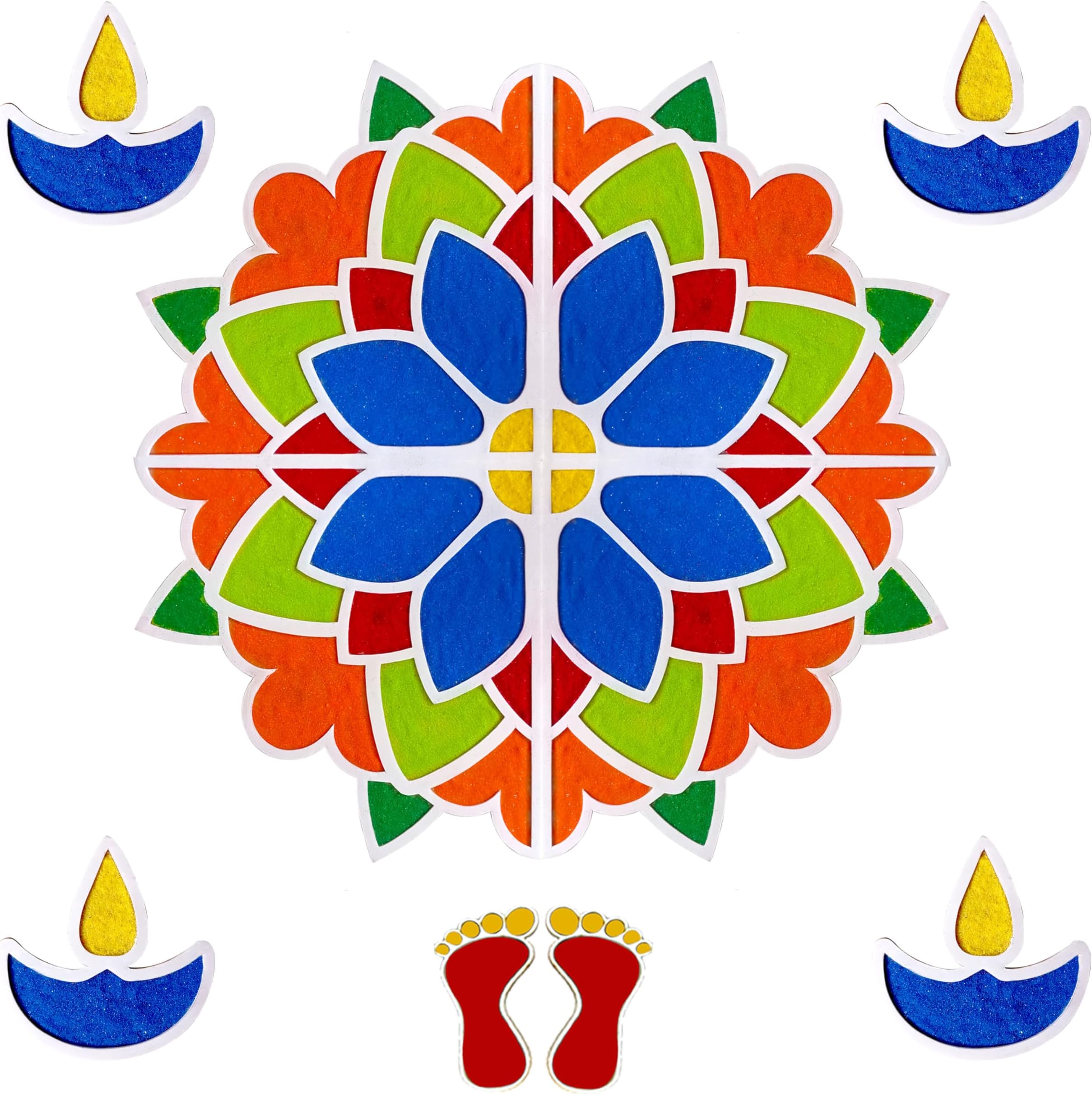 DIY Rangoli Mats for Pooja Decoration, 4 Pieces MDF 18 Inches Lotus Flower Rangoli Stencils for Door Entrance Big Size, 6 Rangoli Powder Colors for Home Decor