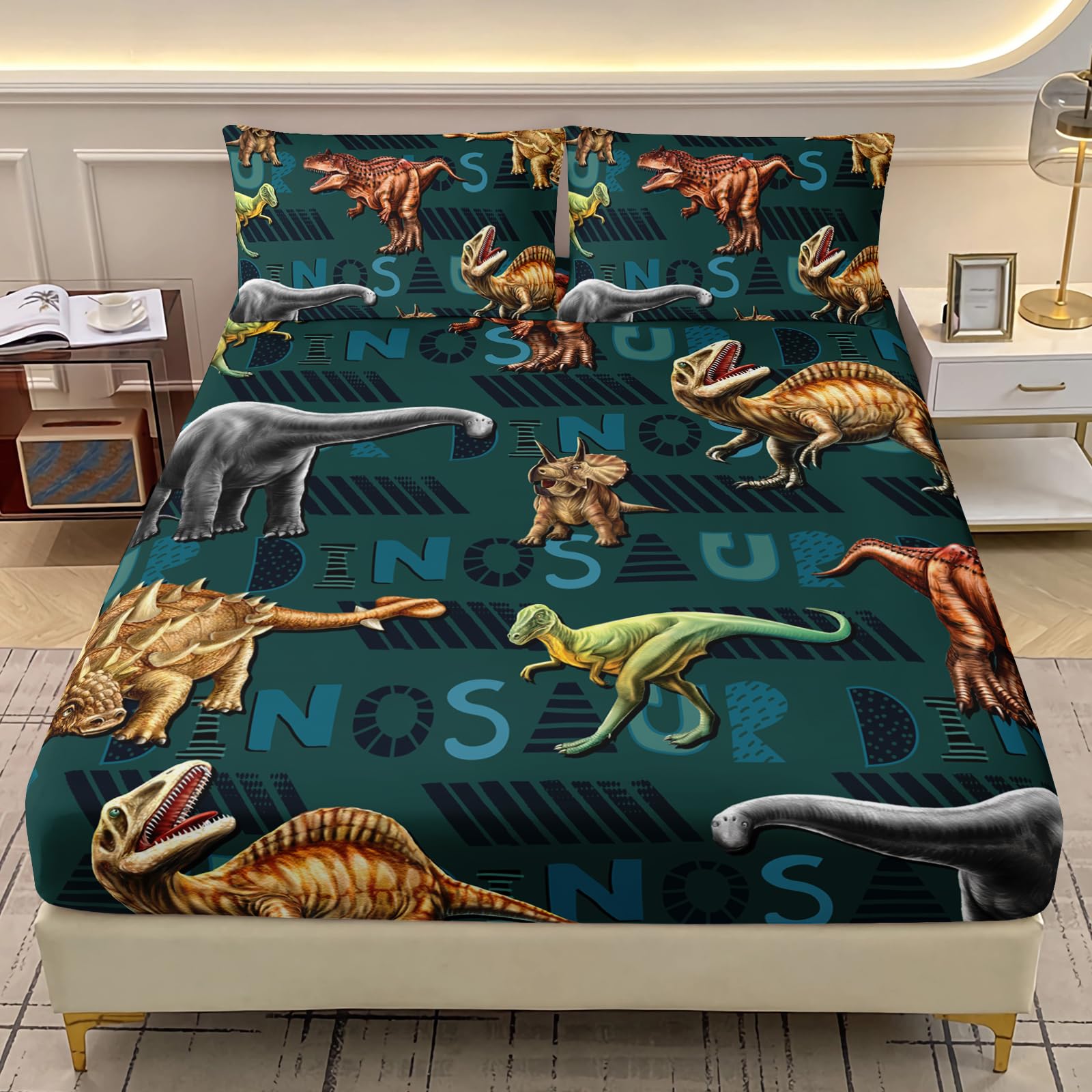 Photo 1 of AILONEN 3D Dinosaur Fitted Sheet Twin XL Size, Cartoon Dinosaur Bedding Sets Bed Sheet Set,Green Theme Bedsheets Set 3 Pcs,1 Deep Pocket and 2 Pillowcases