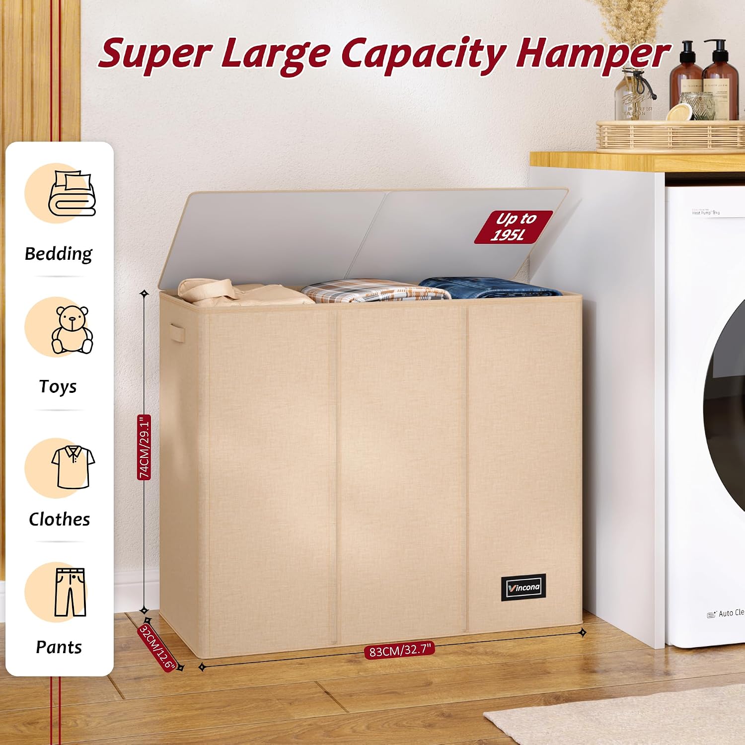 195L Laundry Hamper 3 Section,Large Laundry Hamper with Lid,Dirty Clothes Hamper with 3 Inner Bags,Collapsible Laundry Basket Organizer for Laundry Room,Bedroom,Laundry Sorter Hamper 3 Compartment image 2