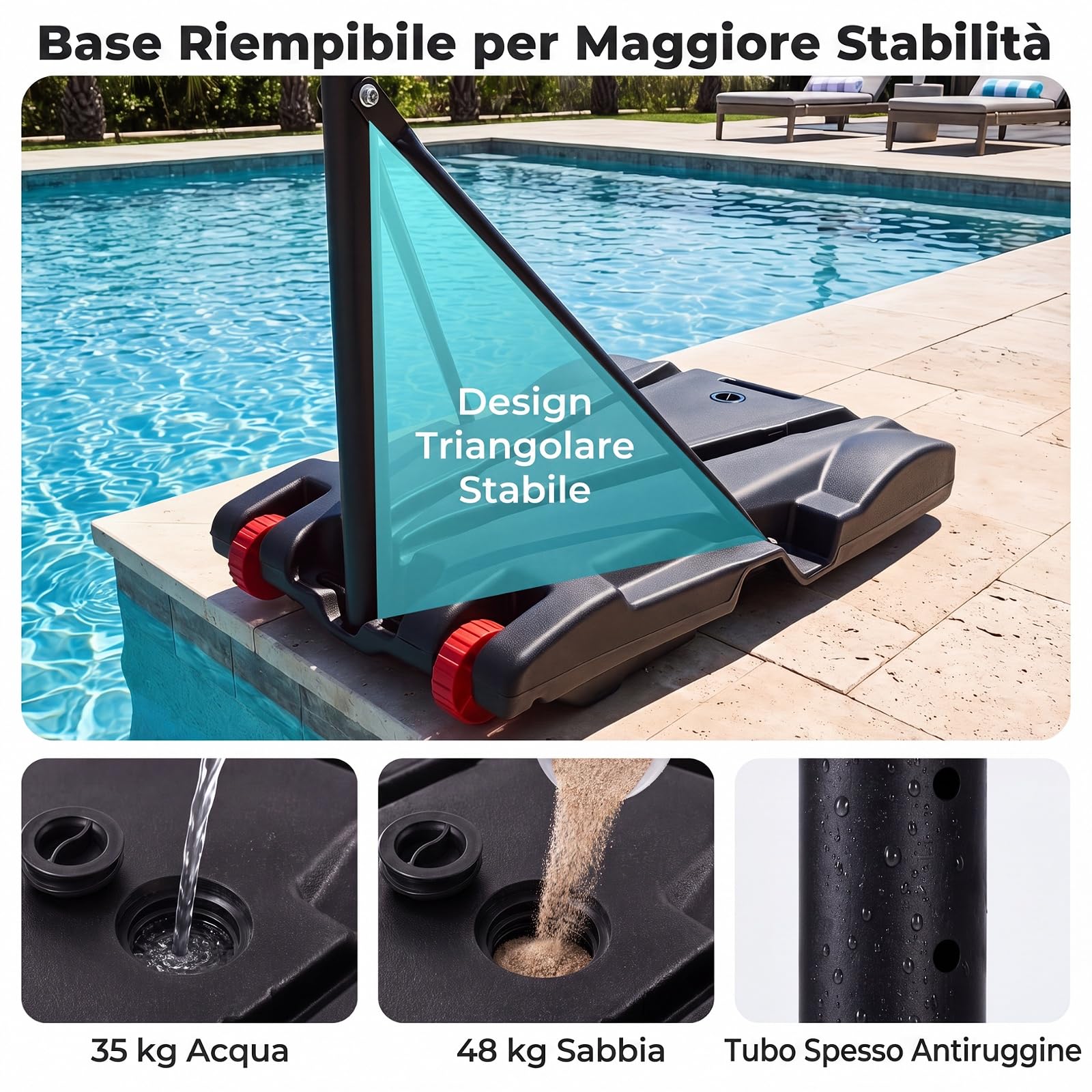 COSTWAY Canestro da Basket da Esterno, Canestro Pallacanestro da Piscina con Luci LED, Altezza Regolabile 115-144 cm, Palla, Ruote, Base Riempibile e Tabellone Infrangibile