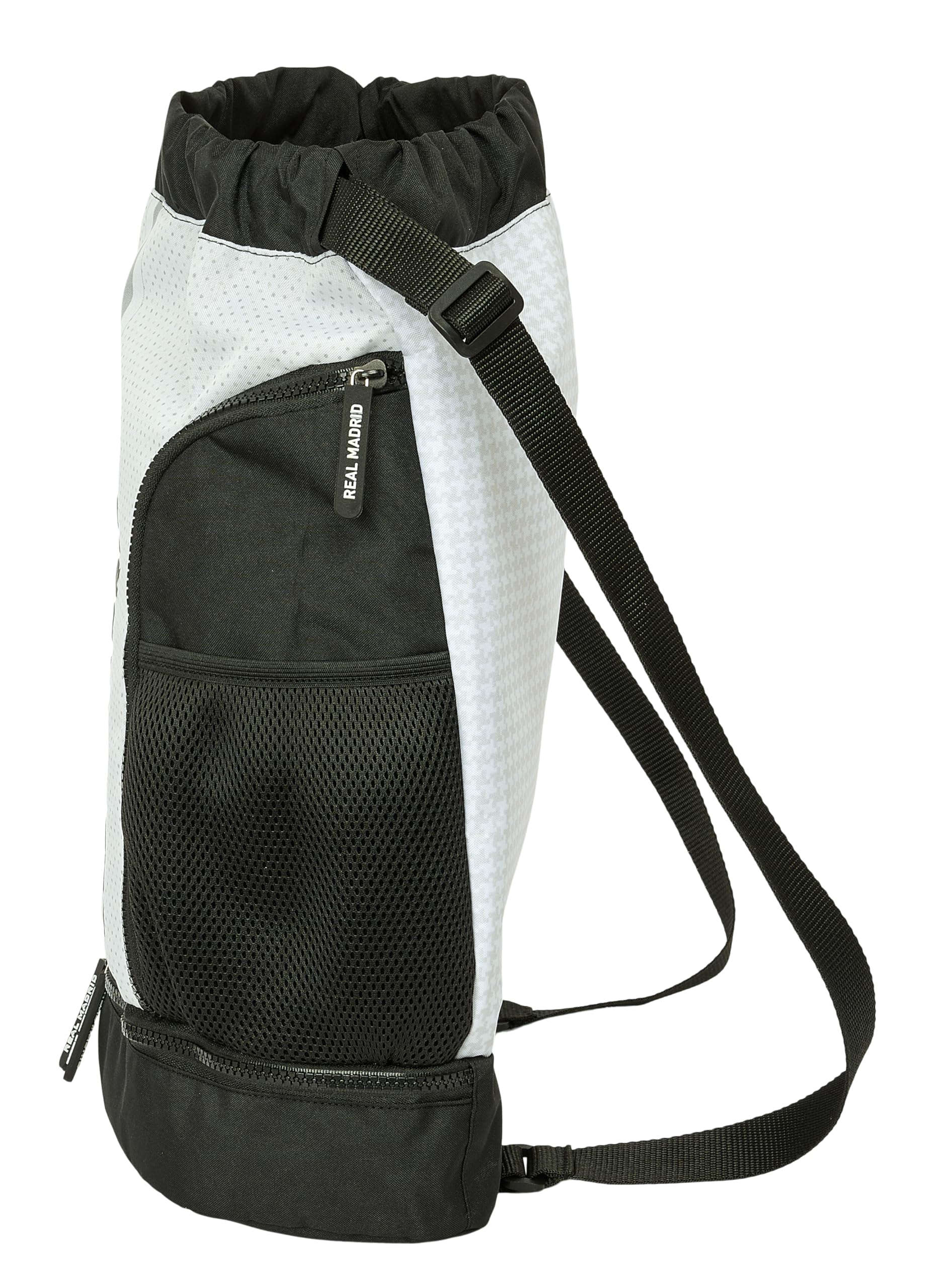 REAL MADRID 1ª EQUIPACIÓN 24/25 - Mochila Saco, Mochila, Ideal para Niños de Diferentes Edades, Cómoda y Versátil, Calidad y Resistencia, 34x15x43 cm, Color Blanco/gris