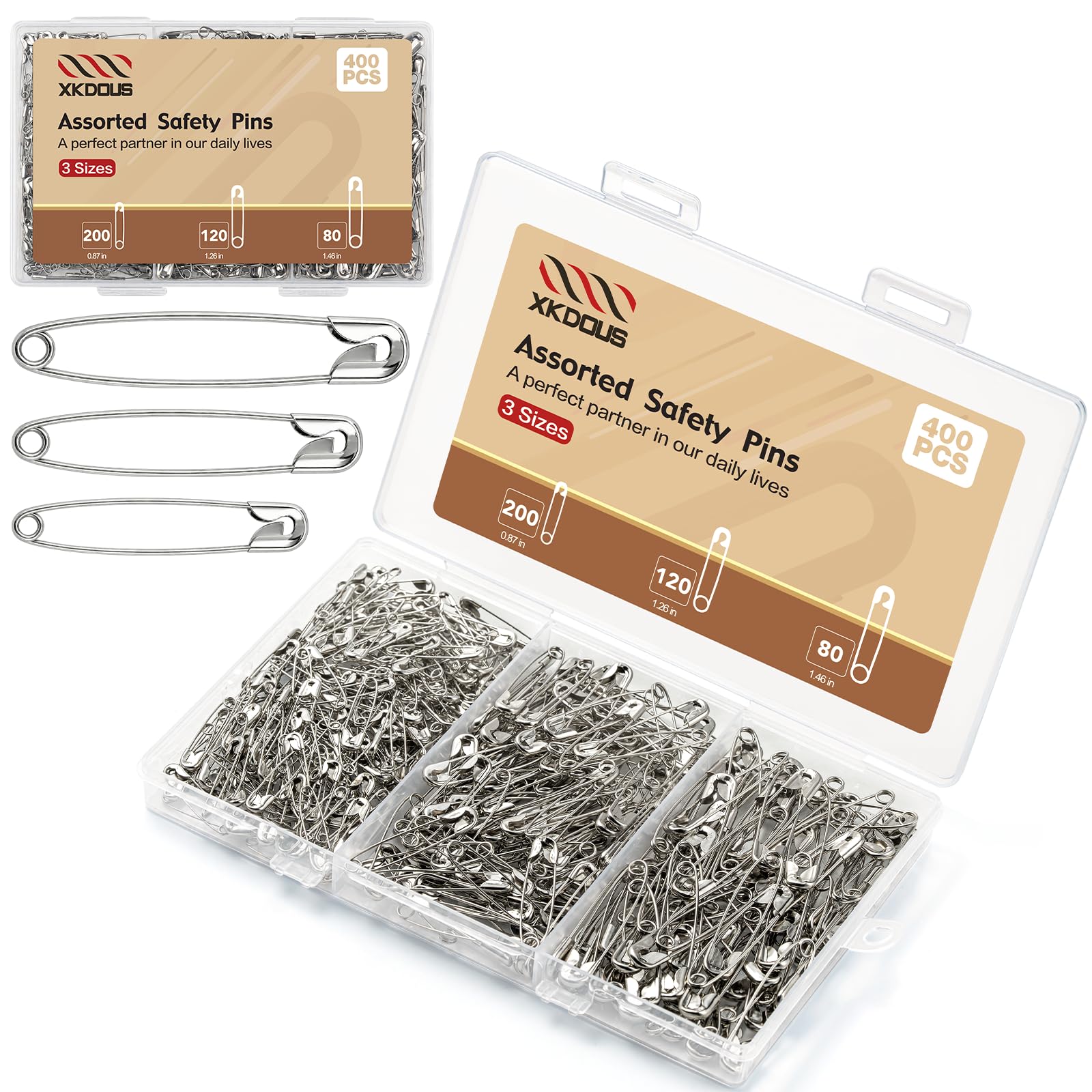 XKDOUS 400 Pack Safety Pins for Clothes, 3 Assorted Size Heavy Duty Pins