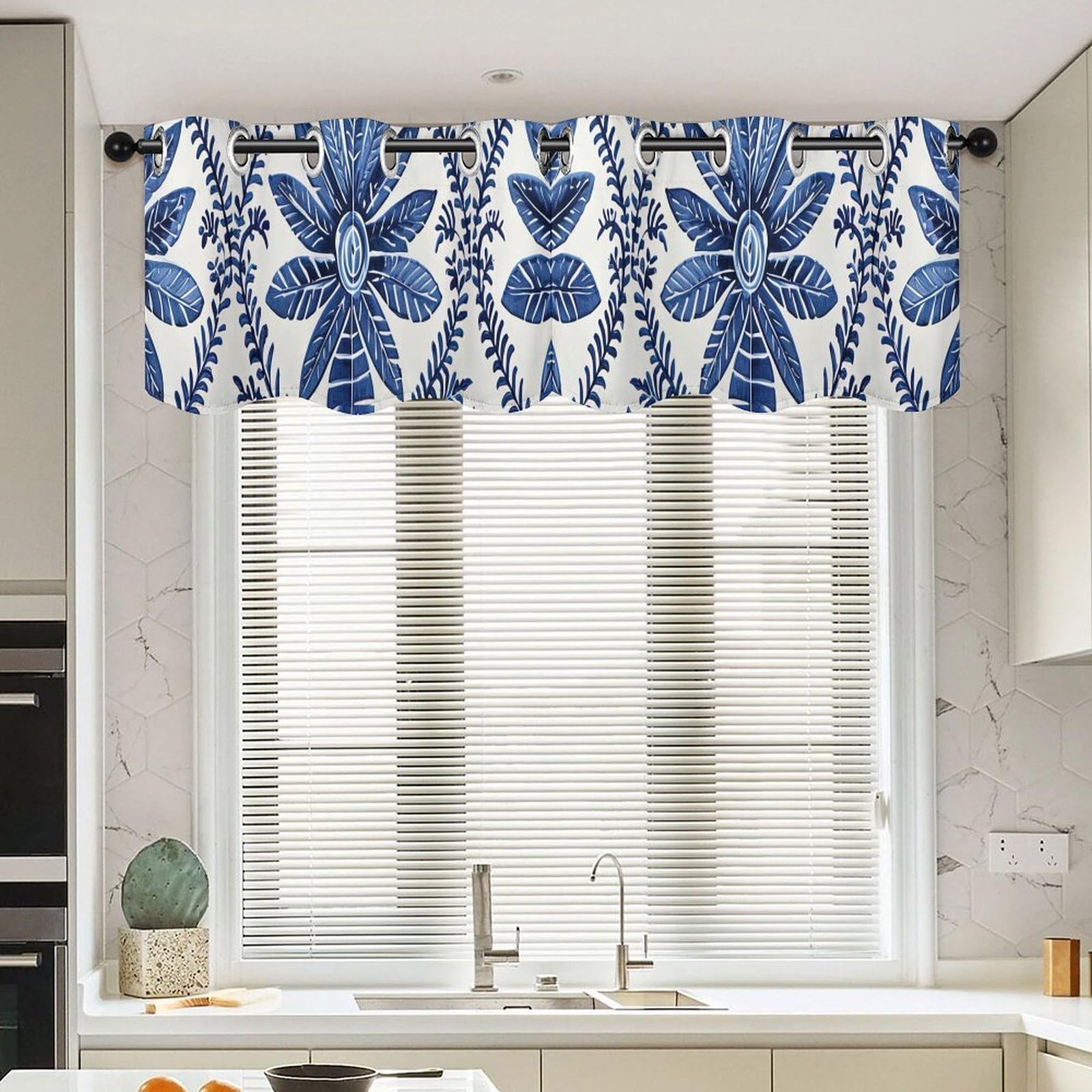 Cenefa de enrejado azul índigo estilo chino, cortinas cortas decorativas de 52x18 pulgadas