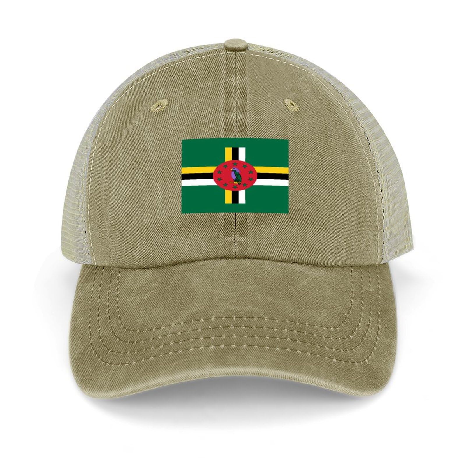 Yelolyio Unisex Khaki Dominica National Flag Adjustable Mesh Back Cap Dominica Baseball Caps Country Pride Mesh Baseball Cap Retro Washed Trucker Cap Breathable Sun Hat