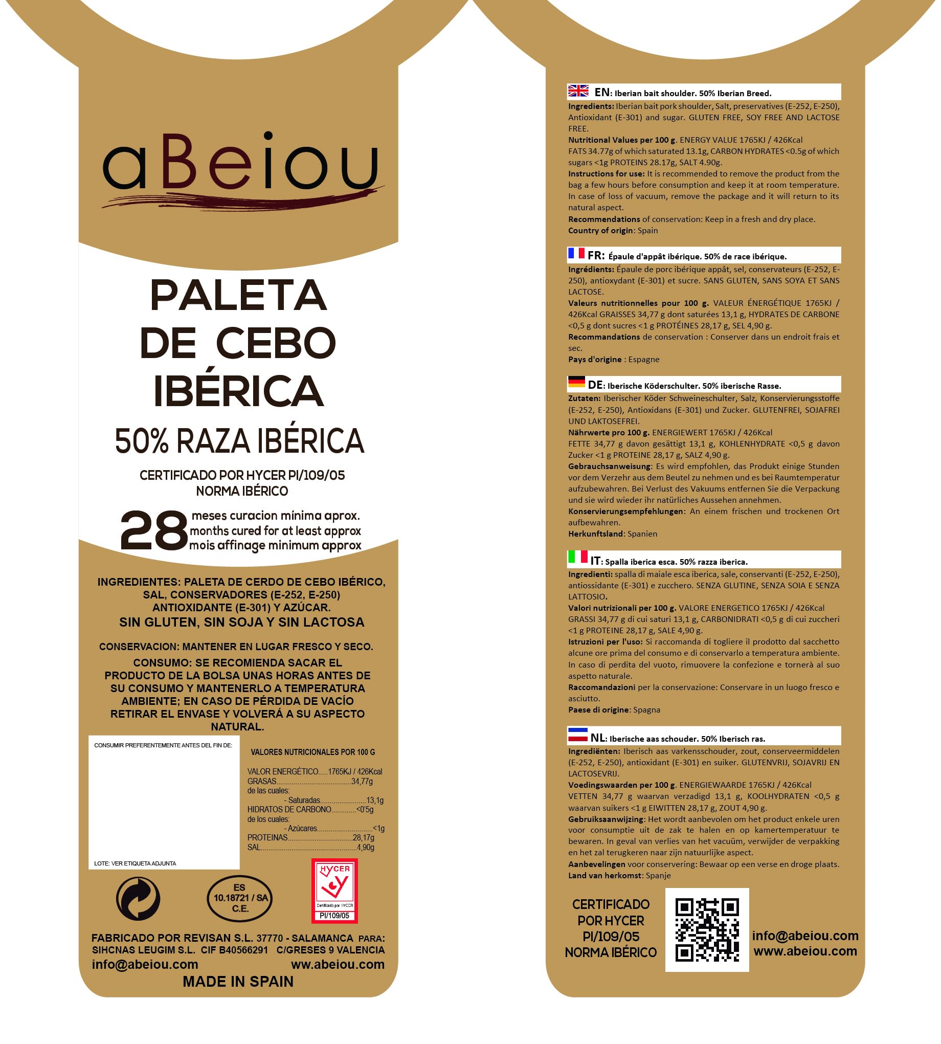 Prosciutto Iberico (Spalla) Intero con Osso 4,5–5 kg — Stagionatura +28 Mesi — Cert. Hycer — Guijuelo Spagnolo — Paleta Ibérica — aBeiou