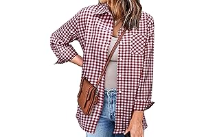 Red Gingham Comfort Flannel Button Down Shirt for Women