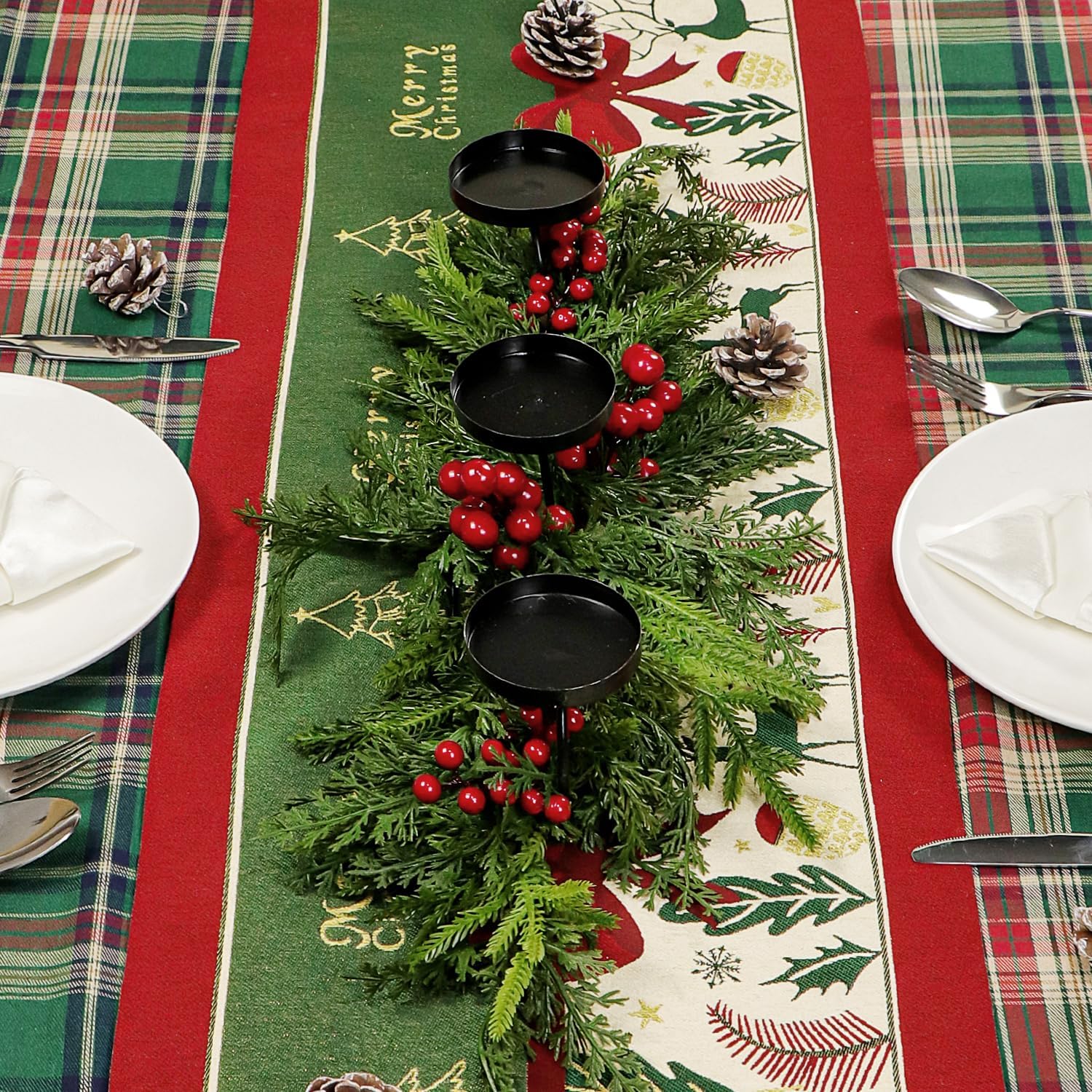 40cm Rustic Christmas Candle Holder 3 Trays with Norfolk Pine Cedar Branches Red Berries for Holiday Dining Table Centerpiece Tabletop Indoor Home Wedding Decorations (Red Berry, 40cm)