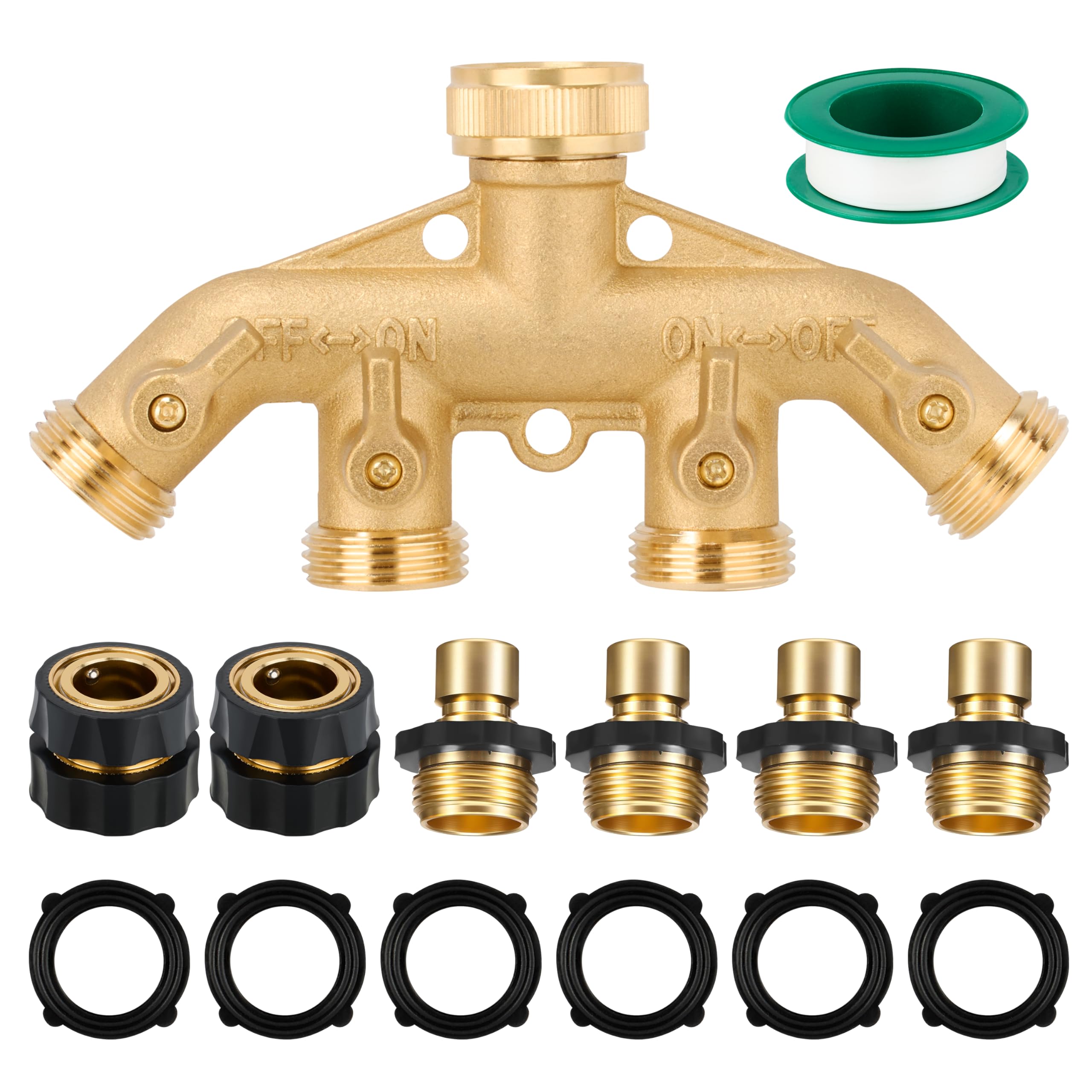 Twinkle Star 4 Way Heavy Duty Brass Garden Hose Splitter,3/4" Garden Hose Fitting Quick Connectors Female and Male, 1 Teflon Tape & 6 Rubber Washers for Garden Hose Adapter Connections