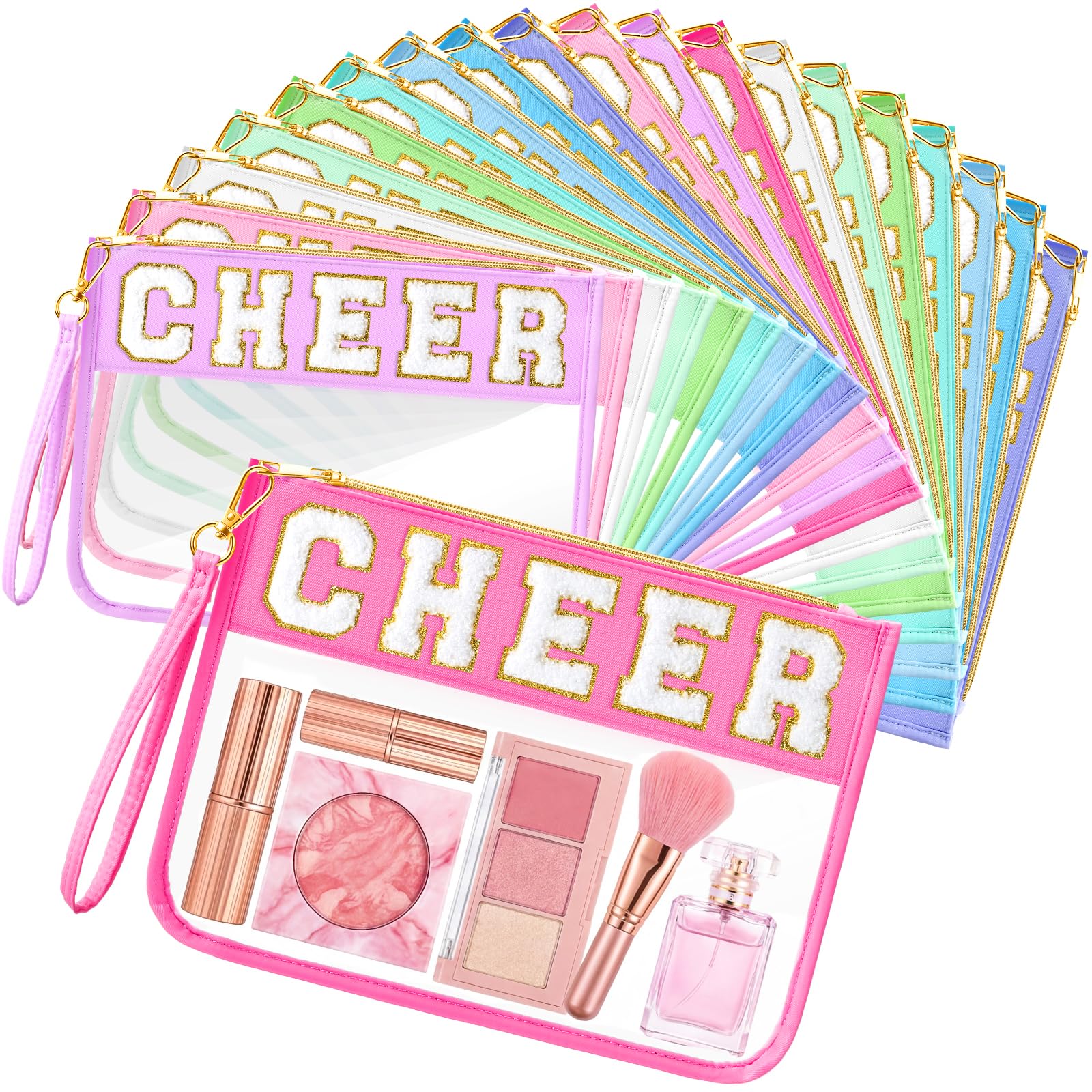 Kacctyen 20 Pcs Multicolor Chenille Letter Cheer Bags Cheerleader Clear Makeup Bags Snacks Pouch Bulk Preppy Patch Cosmetic Pouch with Wrist Strap Zipper for Travel Team Cheerleaders