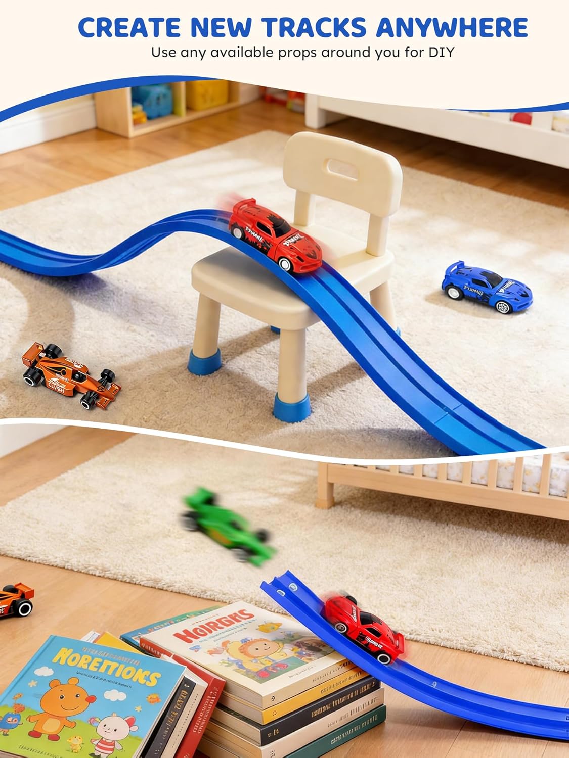 Flexible Race Track for Kids - 16.4 Ft Portable Rolls Up Circular Tracks with Bracket 4 Racing Cars Suction Cup, 3+ Years Car Ramp Kids Toy Compatible with Normal Diecast 1/64th Cars (Blue)