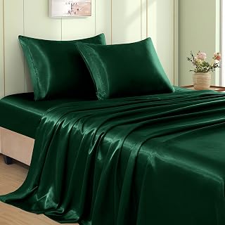 VACVELT 4pcs Emerald Green Satin Sheets King Set, 15-Inch Deep Pocket