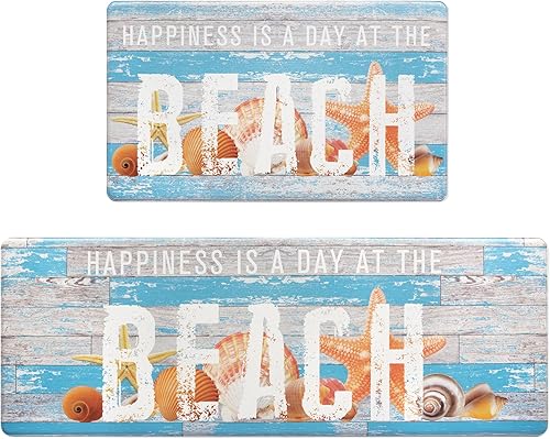 ASPMIZ Juego de 2 alfombras de cocina de playa, alfombras acolchadas costeras para corredor de cocina, antideslizantes, lavables, de madera con