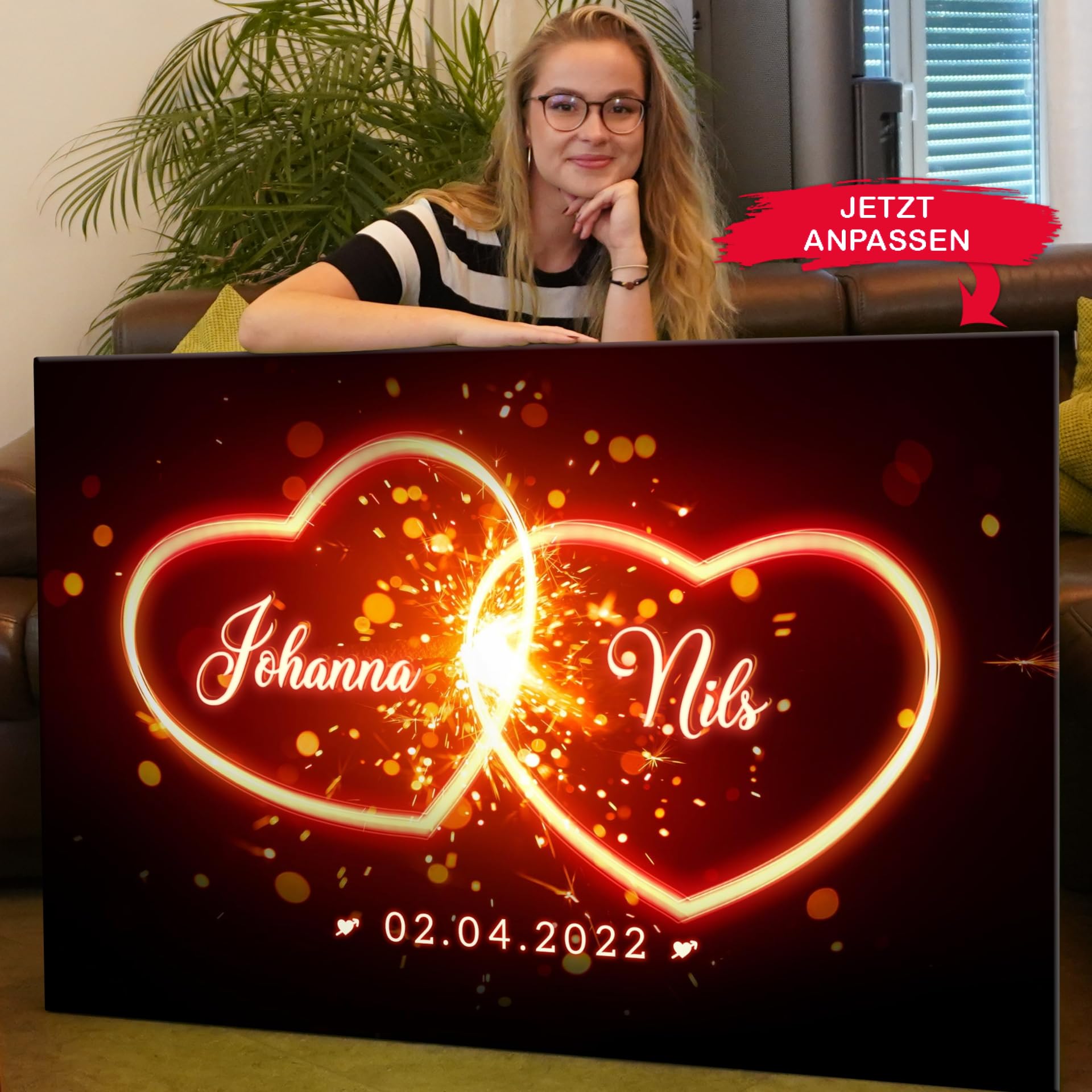 Liebesleinwand Leinwandbild personalisiert | Leinwand gestalten mit Namen und Datum Geschenk für Partner | Glühende Herzen