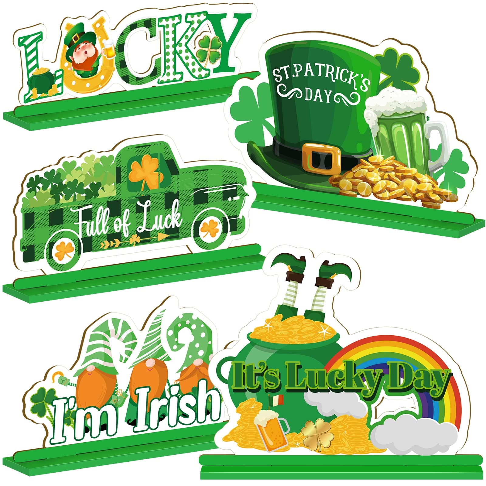 5 Pcs St. Patrick's Day Table Decorations St. Patrick Lucky Table Sign Shamrocks Green Truck Leprechaun Table Ornaments Wooden St. Patrick Table Centerpiece for St Patrick's Day Home Party Decor