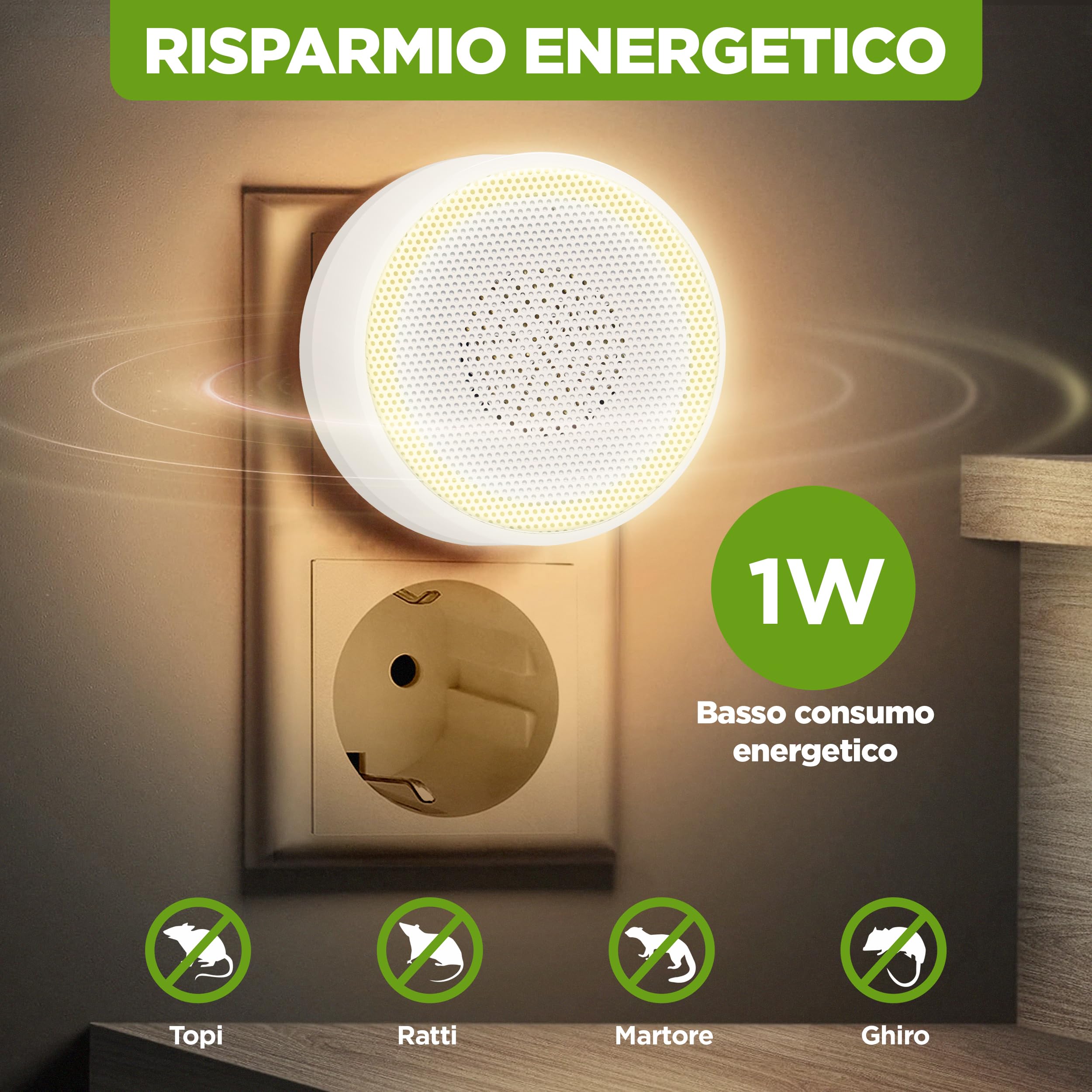 ISOTRONIC Dissuasore a ultrasuoni per topi e ratti, repellente per parassiti per interni, con luce di orientamento, spaventapassi senza veleno e trappola per topi, campo d'azione di 30 m² (1 pezzo)