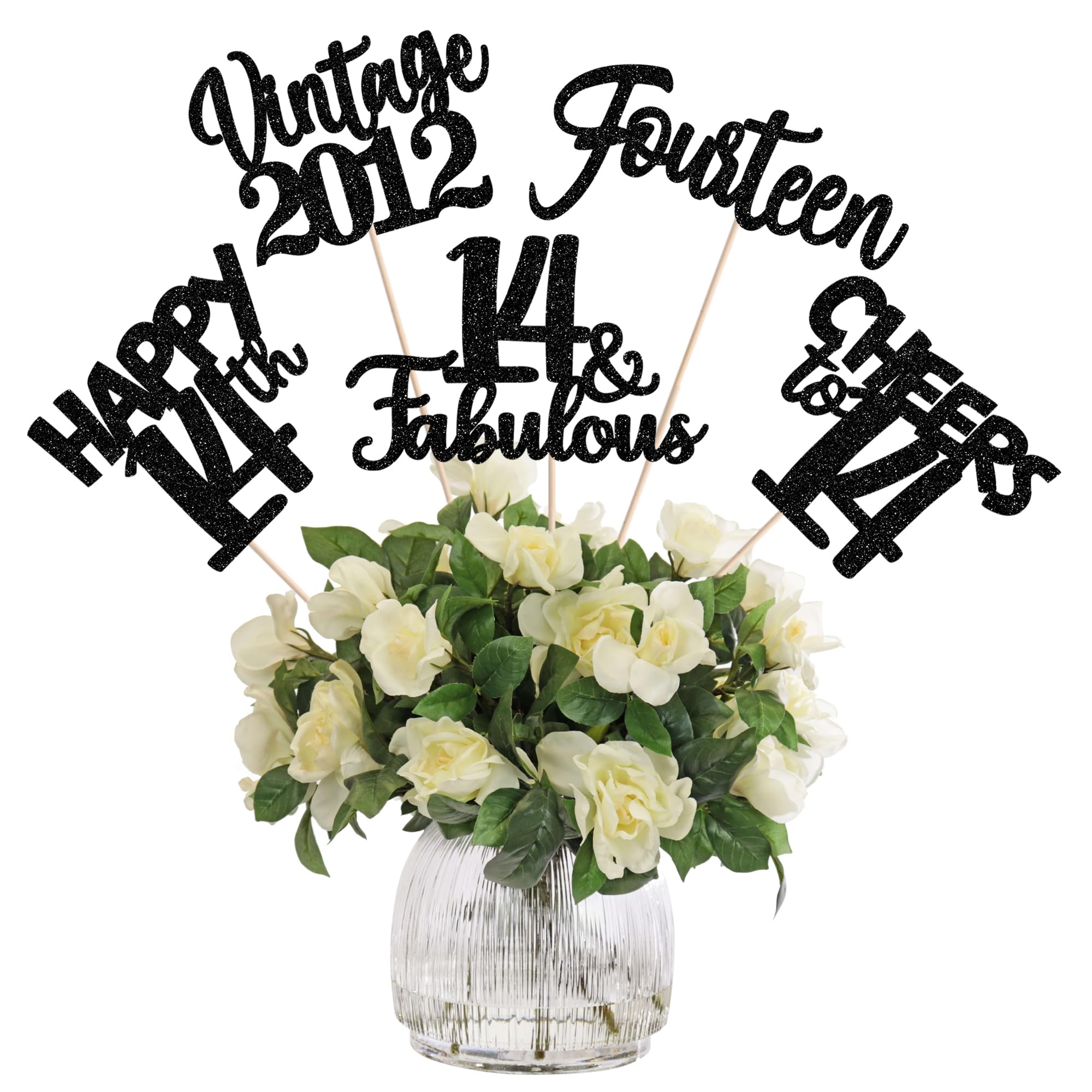 15 PCS 14th Birthday Centerpiece Sticks Fourteen Happy 14 Vintage 2012 Table Flower Centerpieces Sticks Cheers to 14 Fabulous Floral Decorations for 14th Birthday Party Supplies Black