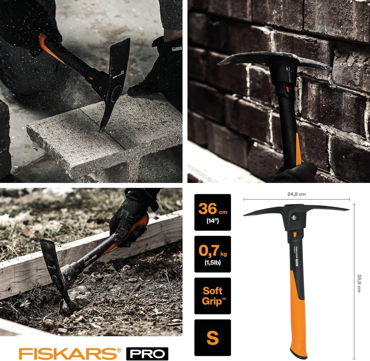 Fiskars Pro cross hoe IsoCore S for rough work on hard, stony ground, length: 36 cm, weight: 1.2 kg, black/orange, 1062937