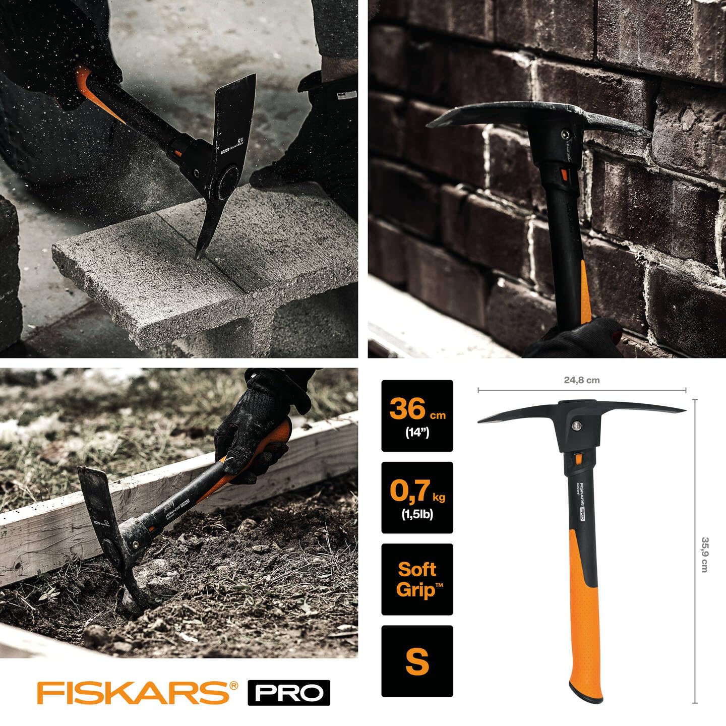 Fiskars Piccone Pro IsoCore S per Lavori Pesanti su Terreni Duri e Sassosi, Lunghezza: 36 cm, Peso: 1,2 kg, Nero/Arancione, 1062937