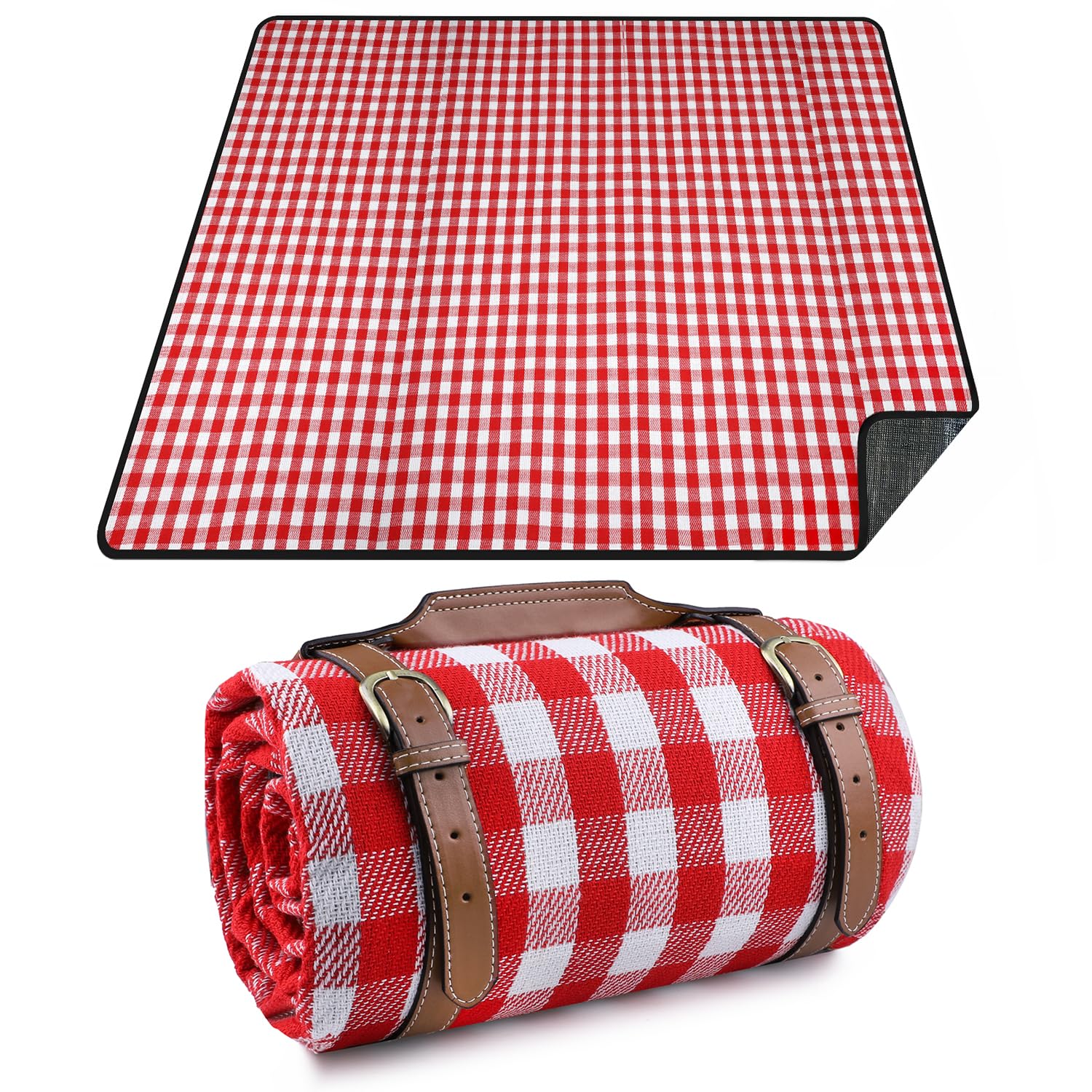 RealPero Extra Large Picnic Blanket Family Size High-end Fabric with PU Carrier Classic Red White Plaid Waterproof Light Weight and Portable Skin Friendly Outdoor Mat for Travel Lawn Sand-Proof Beach-image-16
