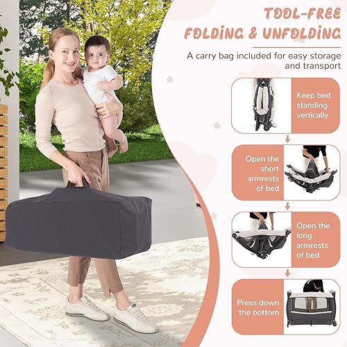 Miniatura 7 de HONEY JOY Pack and Play, Corralito Portátil 4 en 1 para Cuna de Bebé con Moisés, Mesa Cambiadora, Toldo, Colchón, Caja de Música, Bolsa de Gris