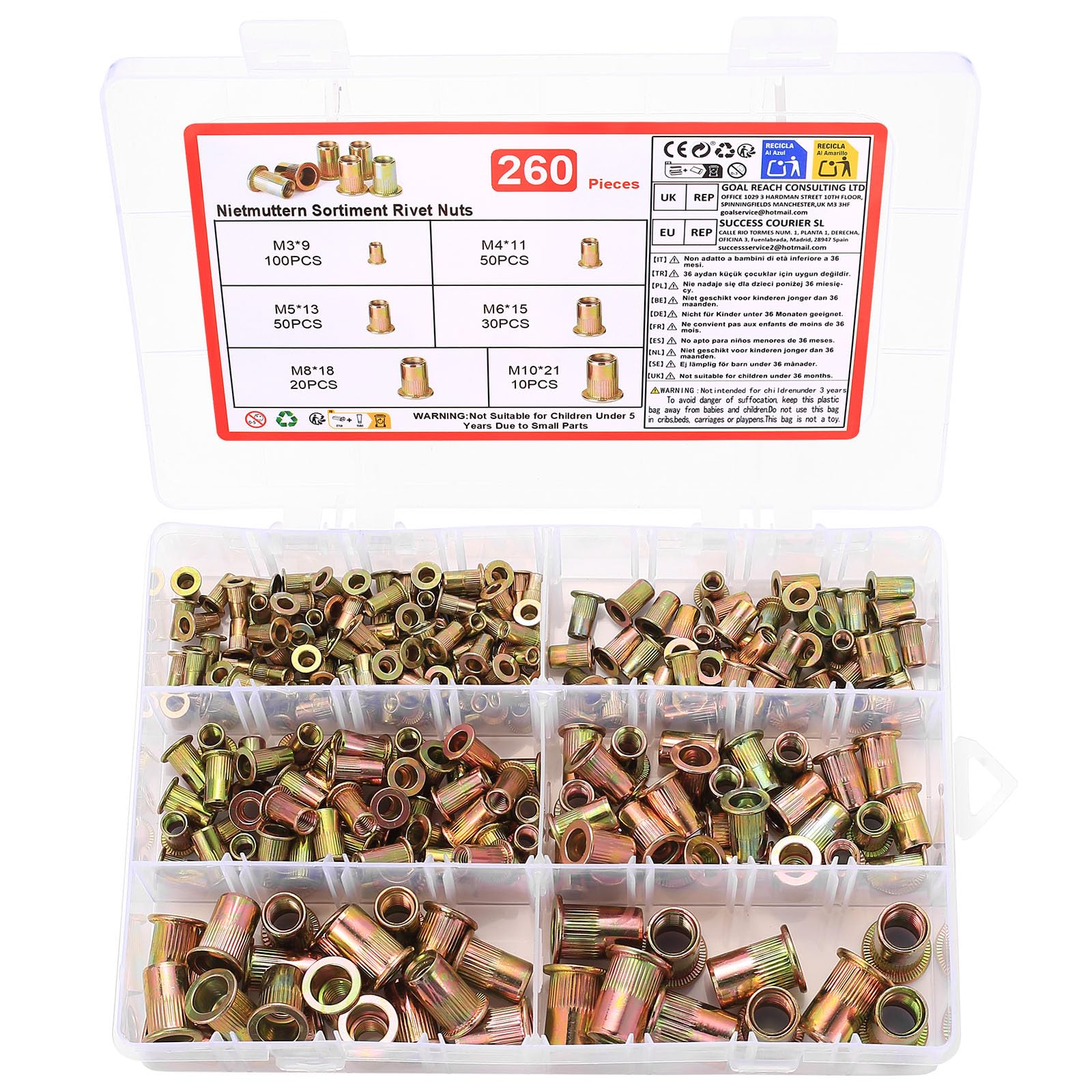 260 Piezas Tuercas Remachables, M3 M4 M5 M6 M8 M10 Insertos Roscados de Cabeza Plana, Remaches Roscados de Inserción, Tuercas de Roscas para Madera Muebles Plástico Metálicas