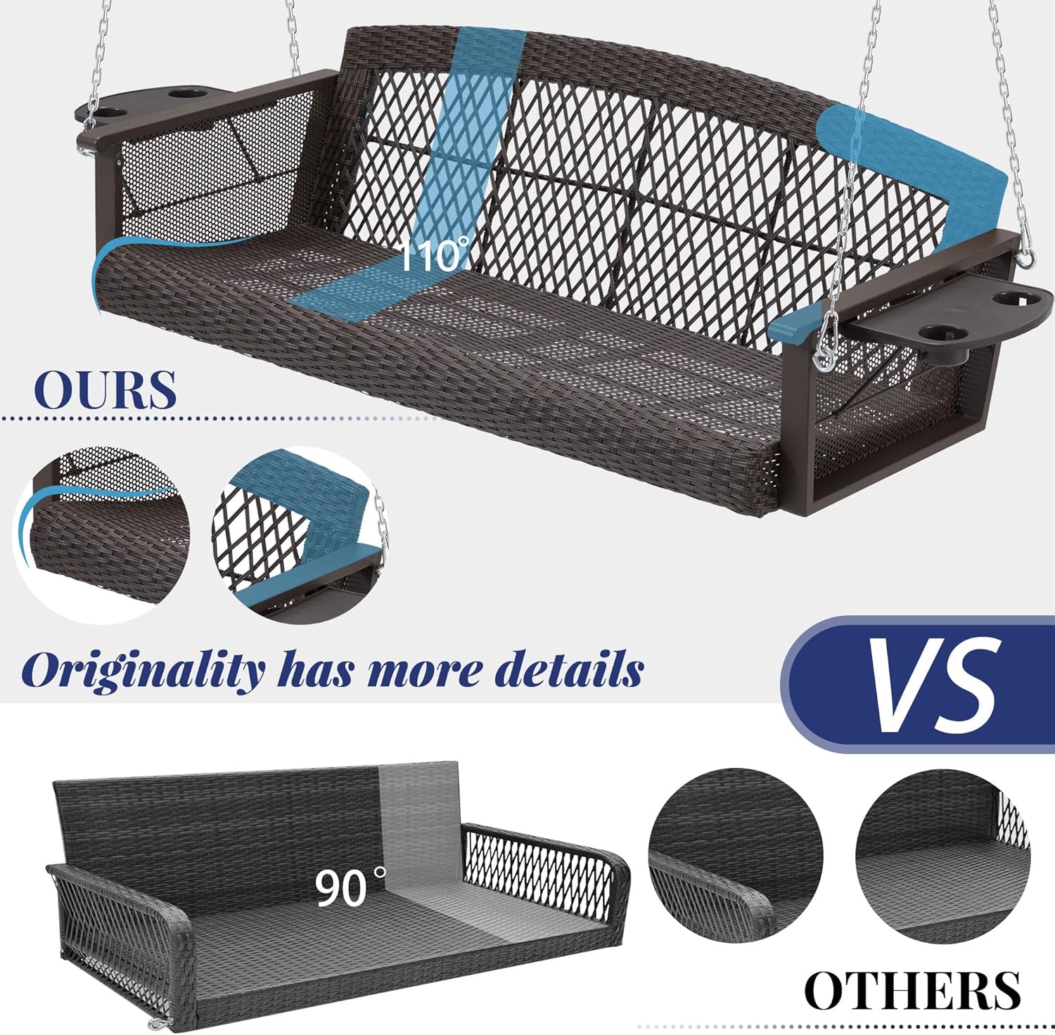 3-Seat Wicker Hanging Porch Swing Outdoor with Non-Spill Cup Holder, Rattan Patio Swing Bench Ergonomic Design with Cushions & Chains, Heavy Duty 900 LBS Capacity for Deck, Garden, Peacock Blue