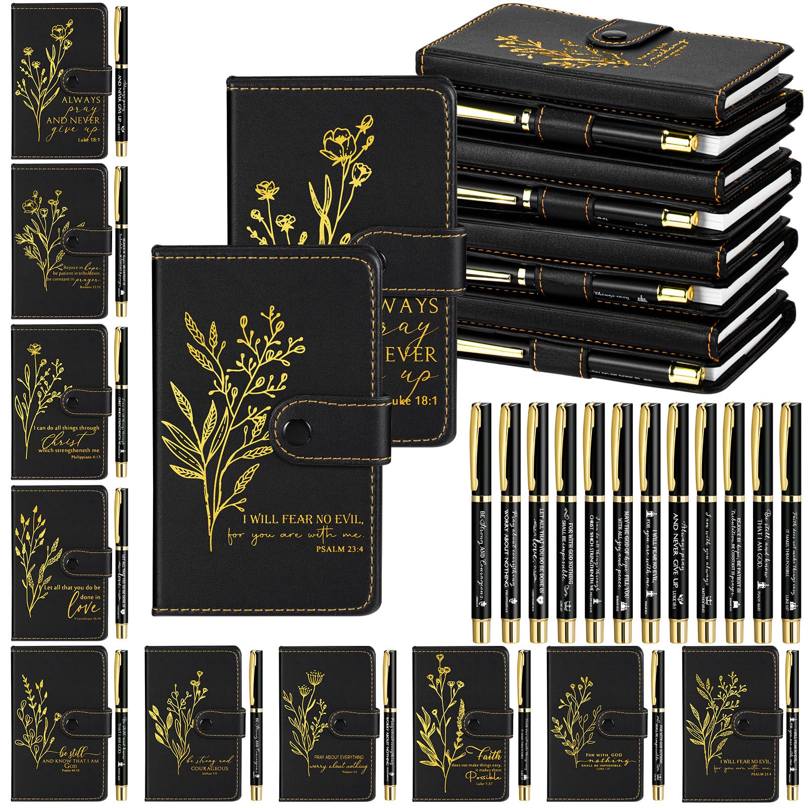 Spakon 50 Sets Fathers Day Christian Gifts Bulk for Church Men Women Religious Leather Notebook Prayer Journal with Pen Bible Study Group Scripture Teacher Dad Husband (English Floral,Black)