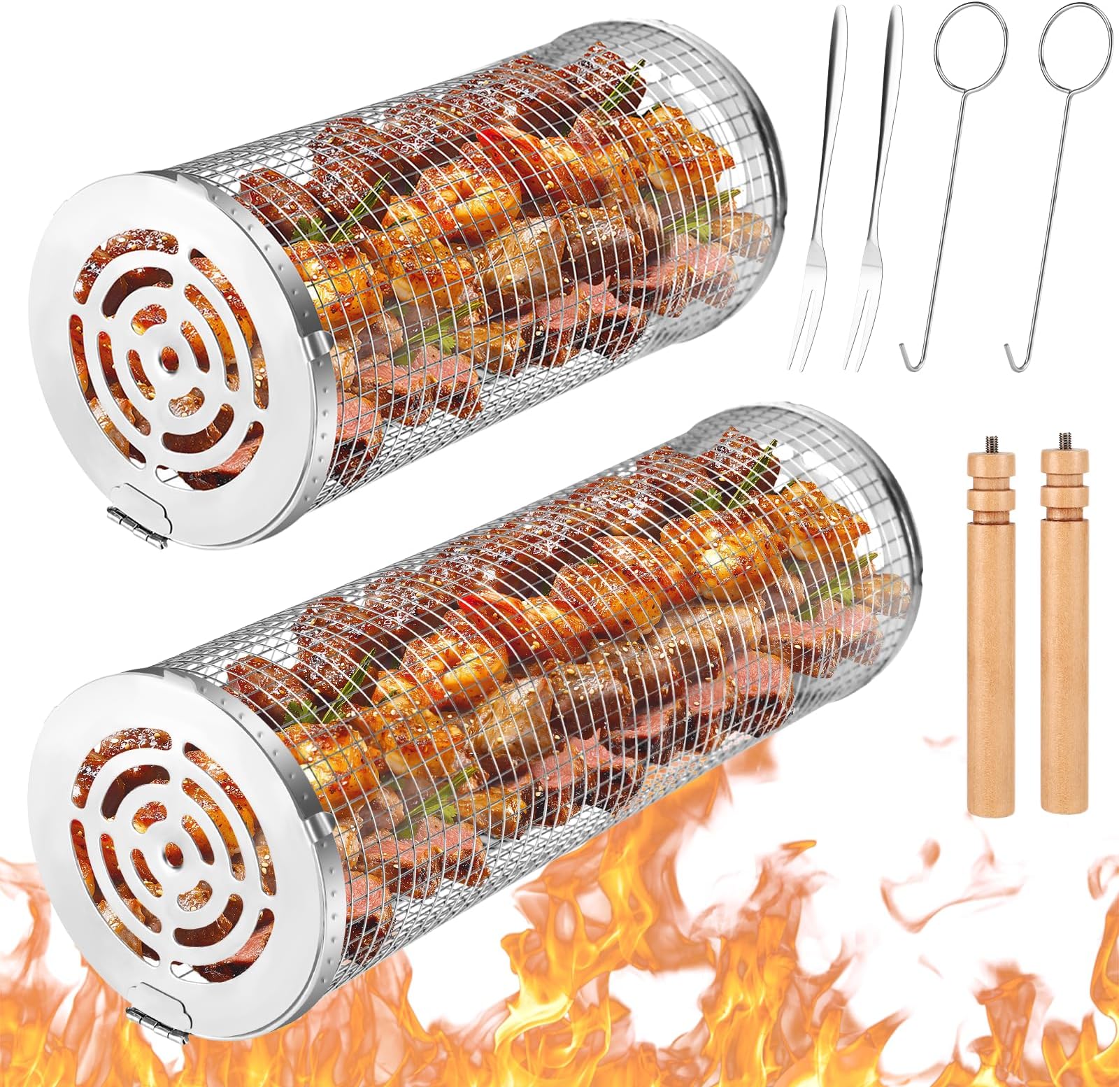 Set 3 accessori per barbecue in legno e acciaio