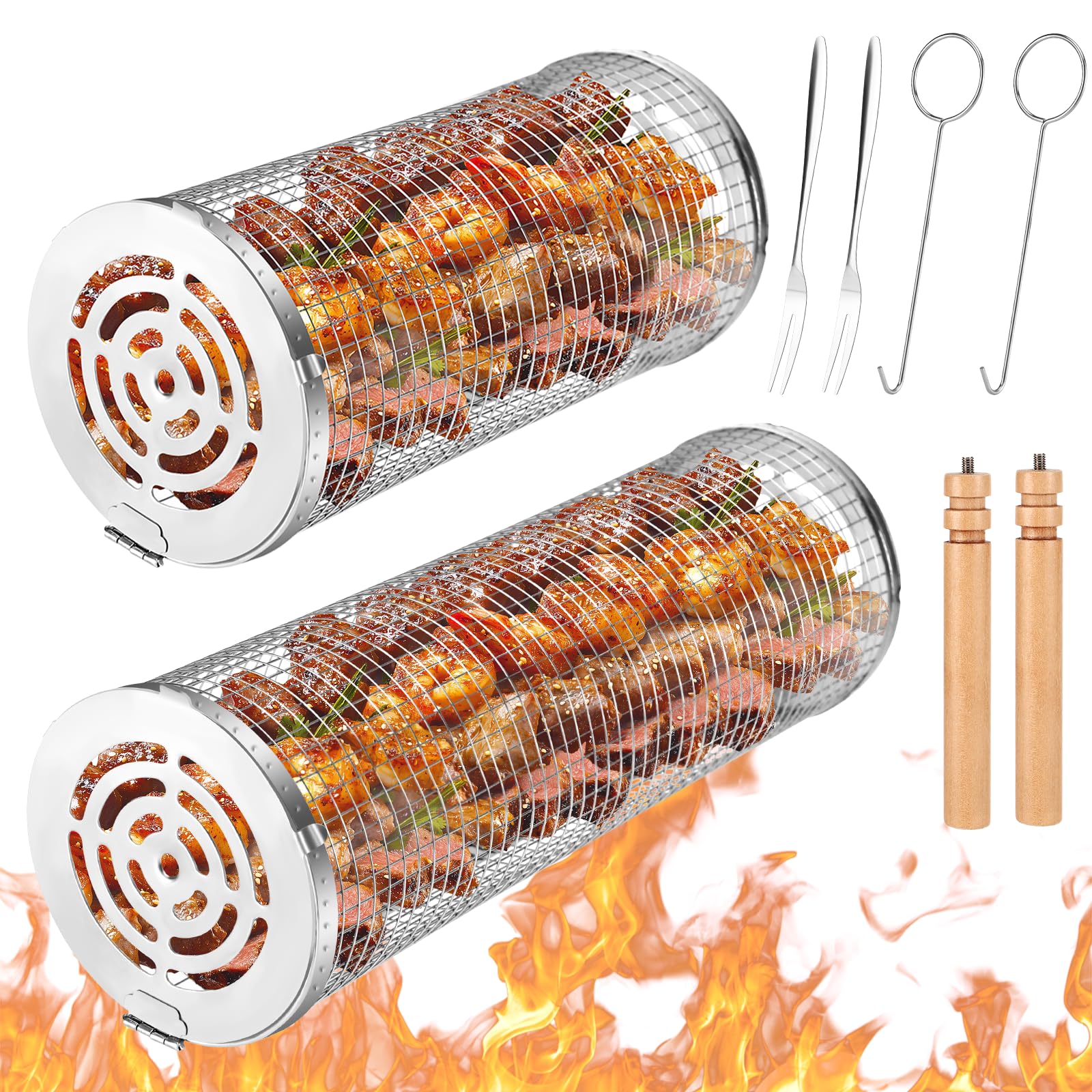 Farerkass Rollendes Grillkorb, 2 Stück Rollender Grillkorb Edelstahl Zylindrisch, Grillnetzrohr mit Abnehmbarer Griff, BBQ Grillzubehör für Außengrill Gemüse Fisch Fleisch