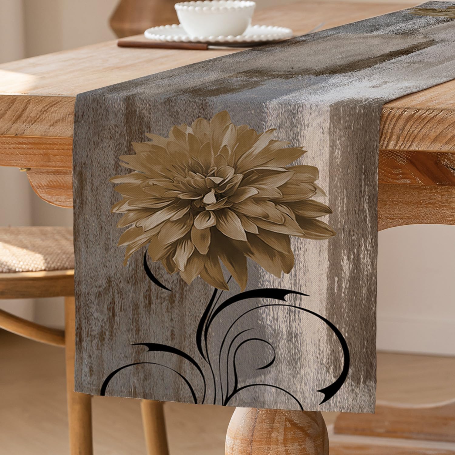 Table Runners Grey Retro with flower Farmhouse Rustic Oil Painting Table Runner Accent Tablecloth Decorative 33 x 183 cm for Kitchen, Coffee, Holiday, Parties, Wedding — image 1