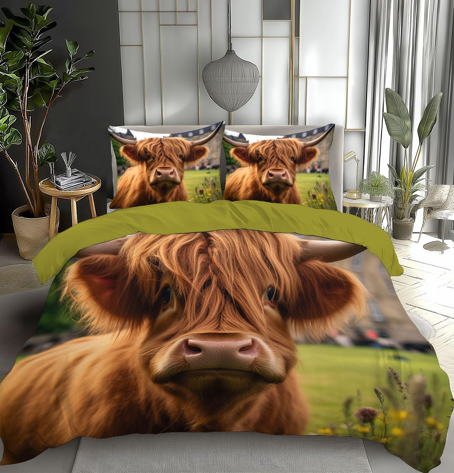 Linge de lit animaux des Highlands vert moutarde matelassé 200x200