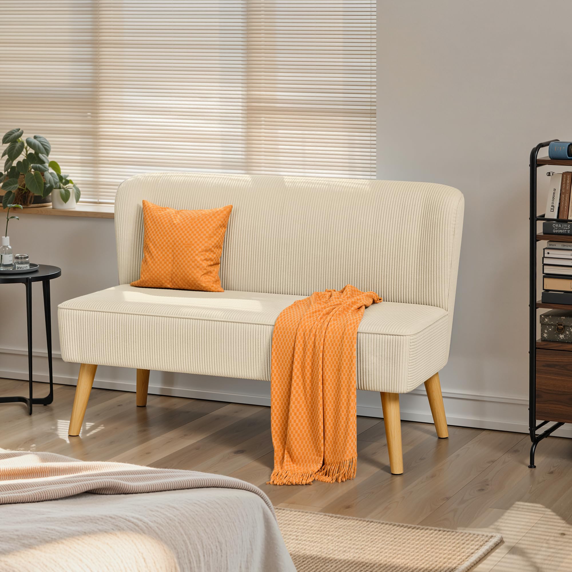 Divano a 2 posti, piccolo loveseat con rivestimento effetto velluto a coste, divano compatto salvaspazio per camera da letto, soggiorno, appartamento, 117x56x76cm,Bianco
