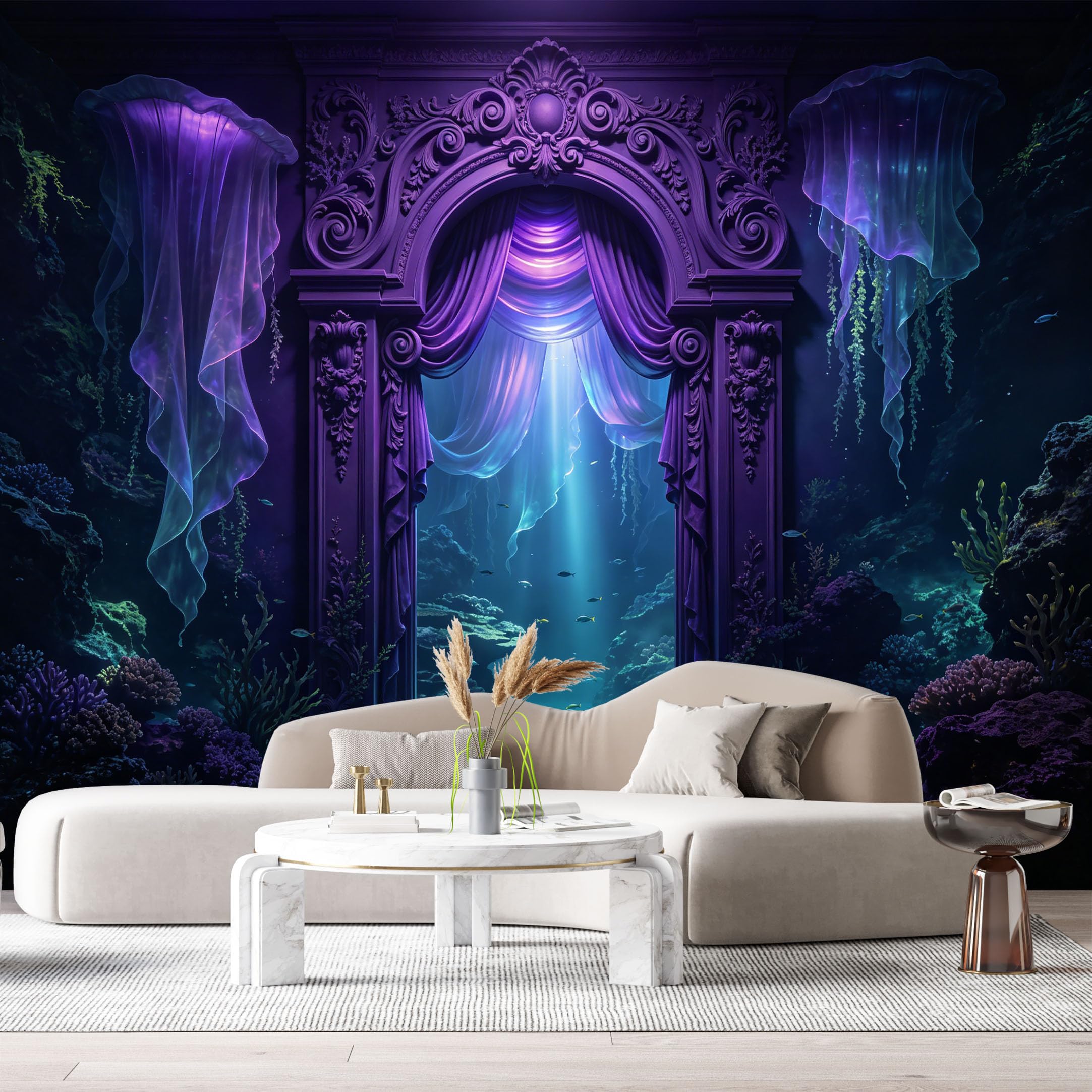 Custom Size Wall Murals Ocean/Marine Fantasy Underwater Archway Jellyfish 3D Trompe L'Oeil SelfAdhesiveWall Fabric Removable Wallpaper Wall Decor for Living Room Bedroom Bathroom