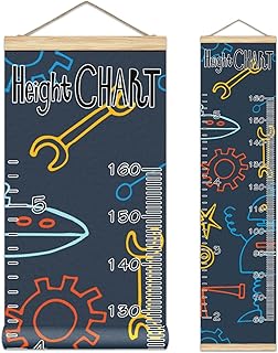 Kids Growth Chart Ruler for Wall Wood Frame Height Measure Chart 13.4x56 in Linen Hanging Height Growth Chart Robot Space Rocket Spaceship Kids Room Decor