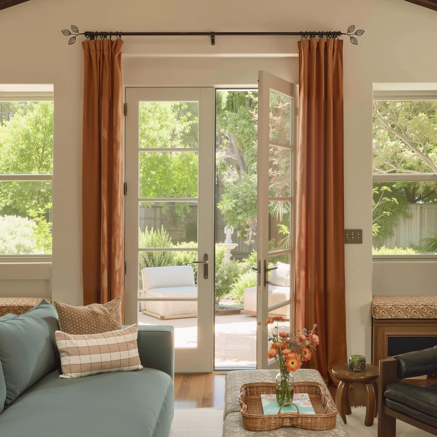 RYB HOME Black Curtain Rod 1 Inch Diameter Adjustable Length 72 to 144 Inch Long Window Drapes Rod Set with Leaf Ends for Room Divider Farmhouse Sliding Glass Door, Matte Black 72-144" Matt Black