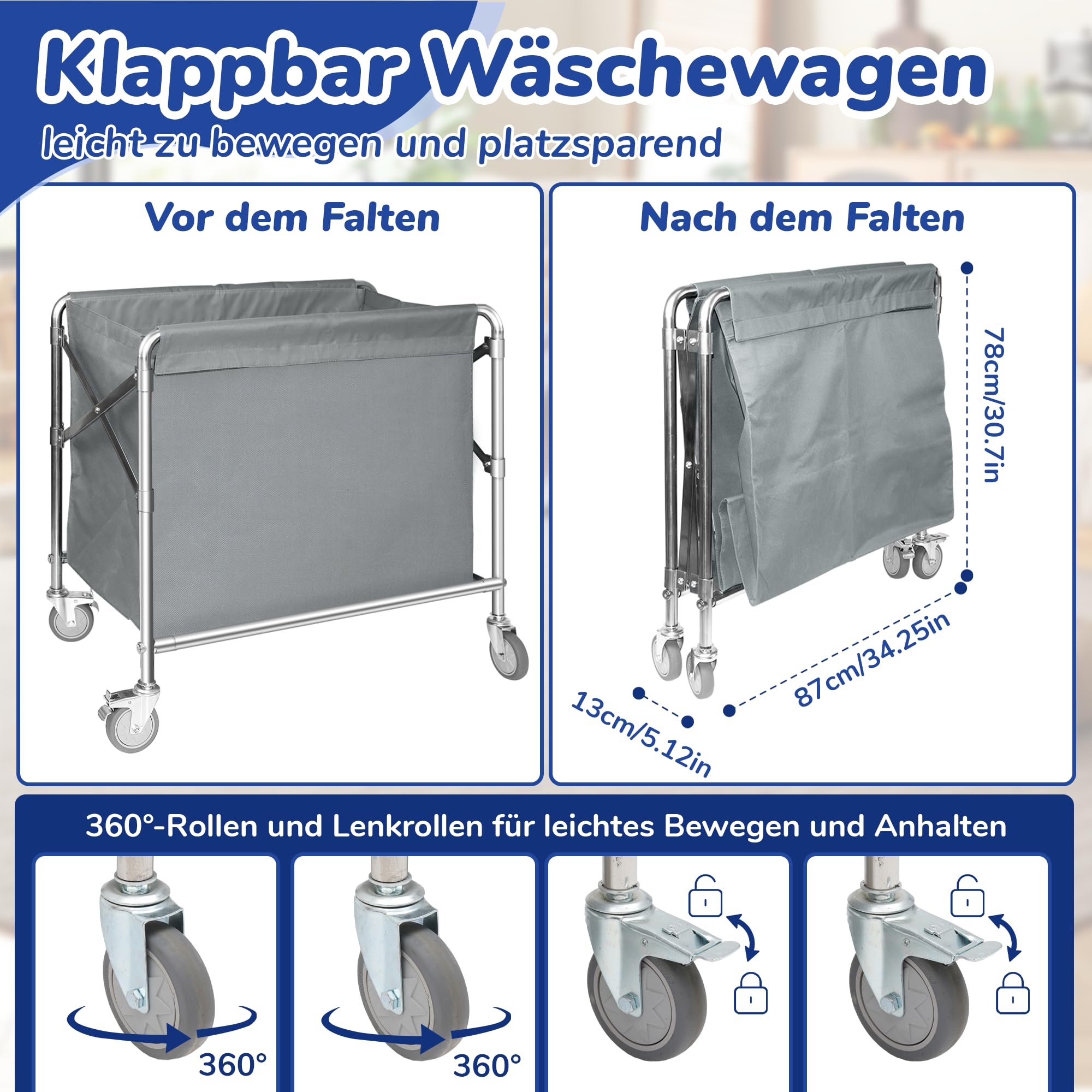 bimiti Carrello per la biancheria, in acciaio inox, con ruote, pieghevole, con portata di 100 kg, per la casa, hotel, 87 x 52 x 78 cm