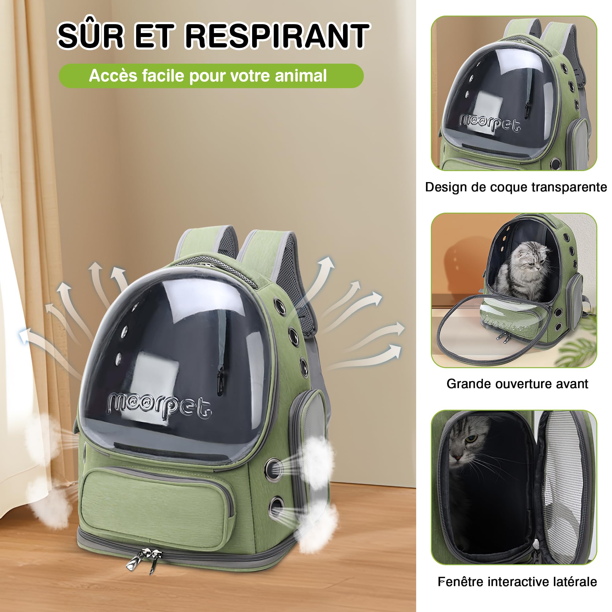 ALLSOPETS Sac à Dos pour Chat, Fenêtre Bulle Transparente, Vert Forêt | Sac de Transport Respirant avec Crochet de Sécurité, Confortable pour Chats et Petits Chiens jusqu’à 7,5 kg pour les Voyages