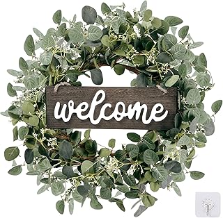 Sggvecsy Green Eucalyptus Leaf Wreath with Welcome Sign 20in Artificial Eucalyptus Wreath Spring Summer Wreath for Front Door Wall Window Farmhouse Festival Porch Patio Garden Decor