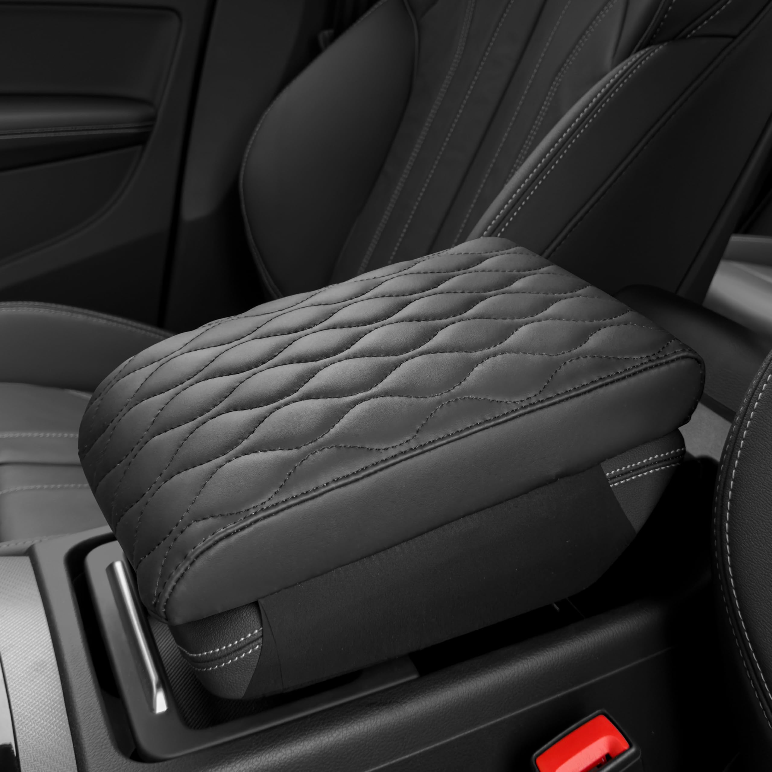 Copertura per console centrale auto pelle PU,Nero Bracciolo Box mat,Schiuma memoria Vera pelle mucca,Cuscino poggiabraccio consolle(sizeB 35.5x20x4.5cm)