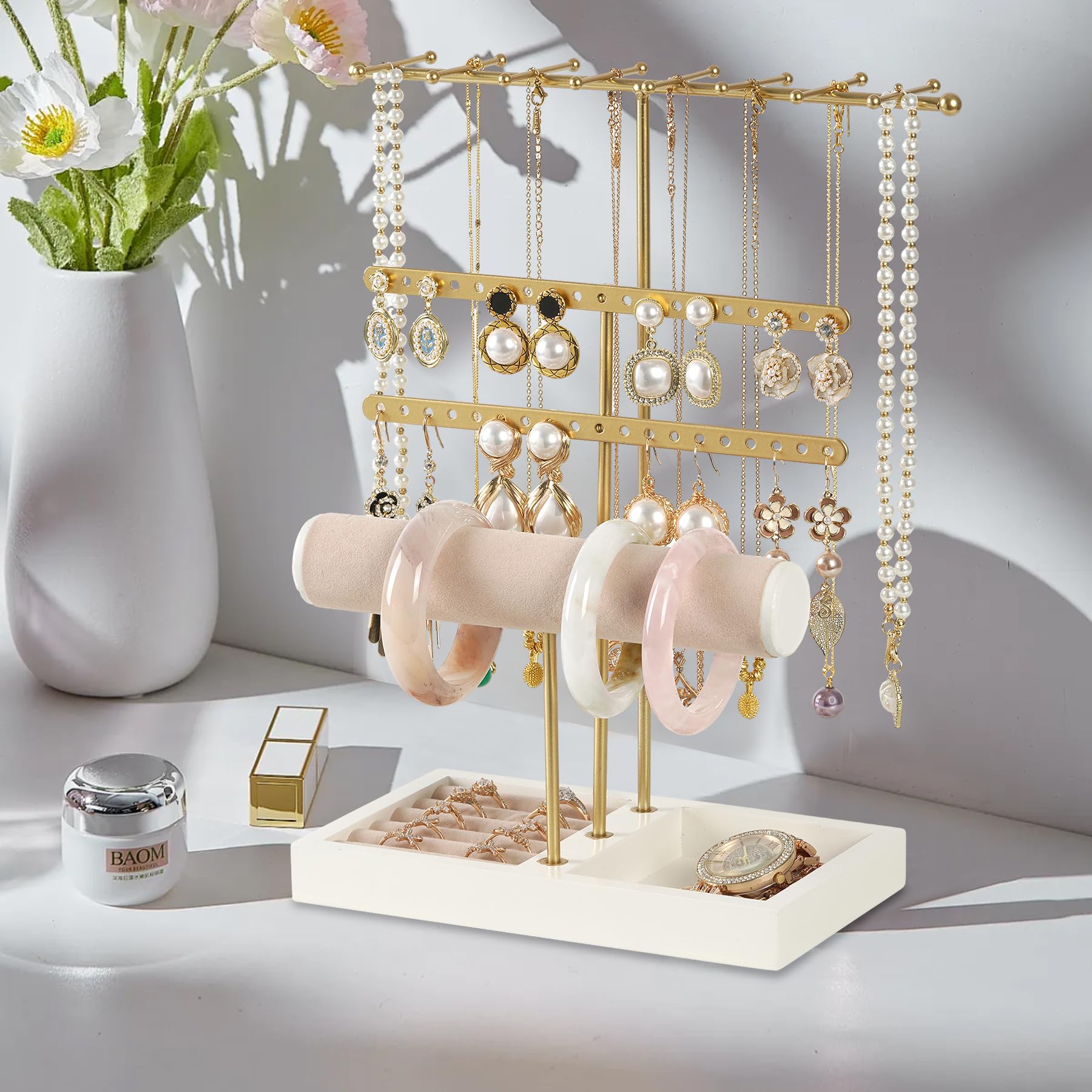 Jewelry Organizer Hanging Metal Jewelry Tree Holder Stand - Gold White Necklace  Earring Bracelet Organizer Display Vanity Jewelry Storage Stand, image size:1800x1800