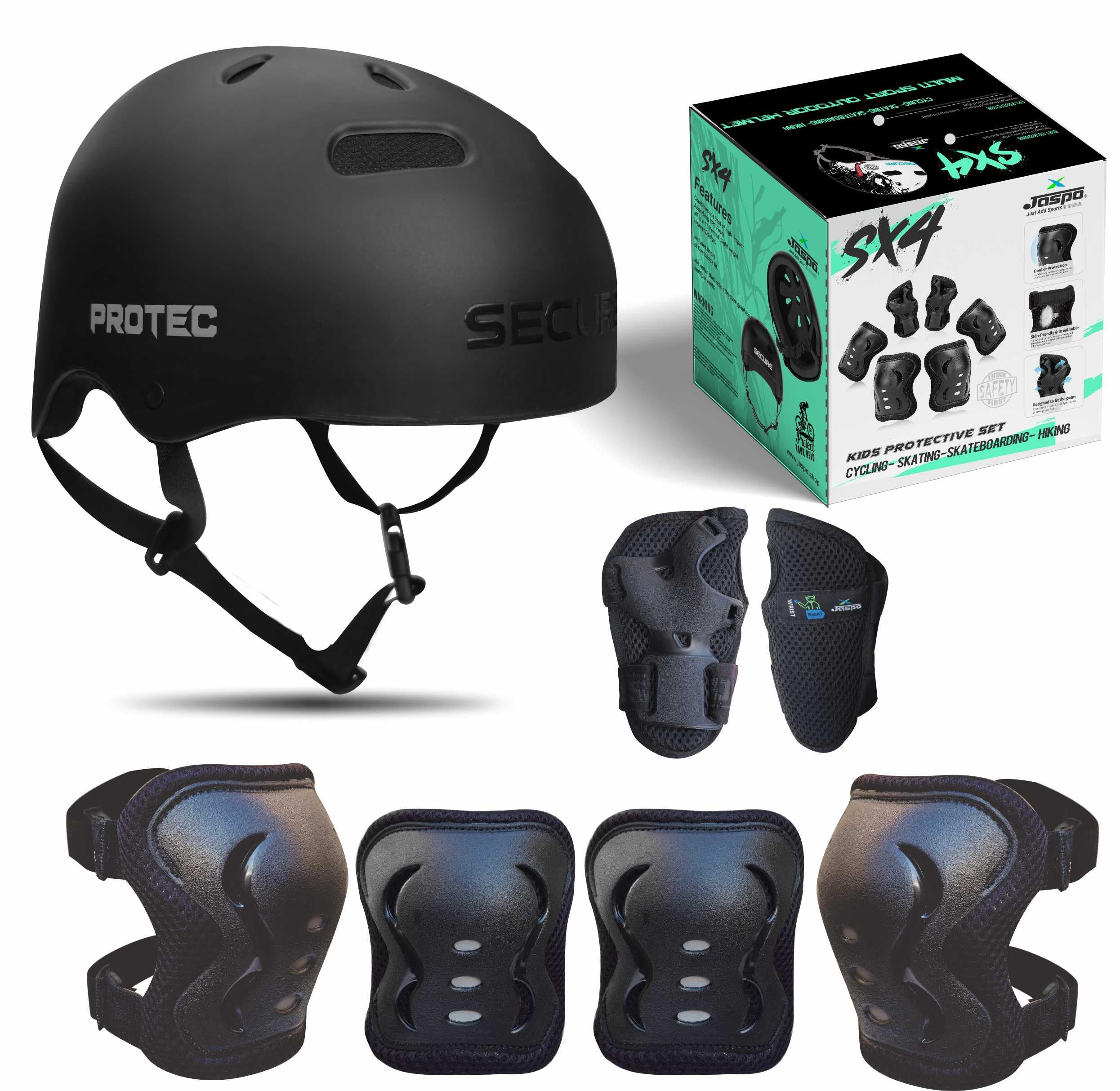 jaspoJaspo Sx 4 Ultra Protective Set for Skating, Cycling Helmet Set with Knee Pads Elbow Pads Wrist Guards, Adjustable Helmet, Protective Gear Set for Bicycle Roller Skating Skateboarding (S, Color-Black)