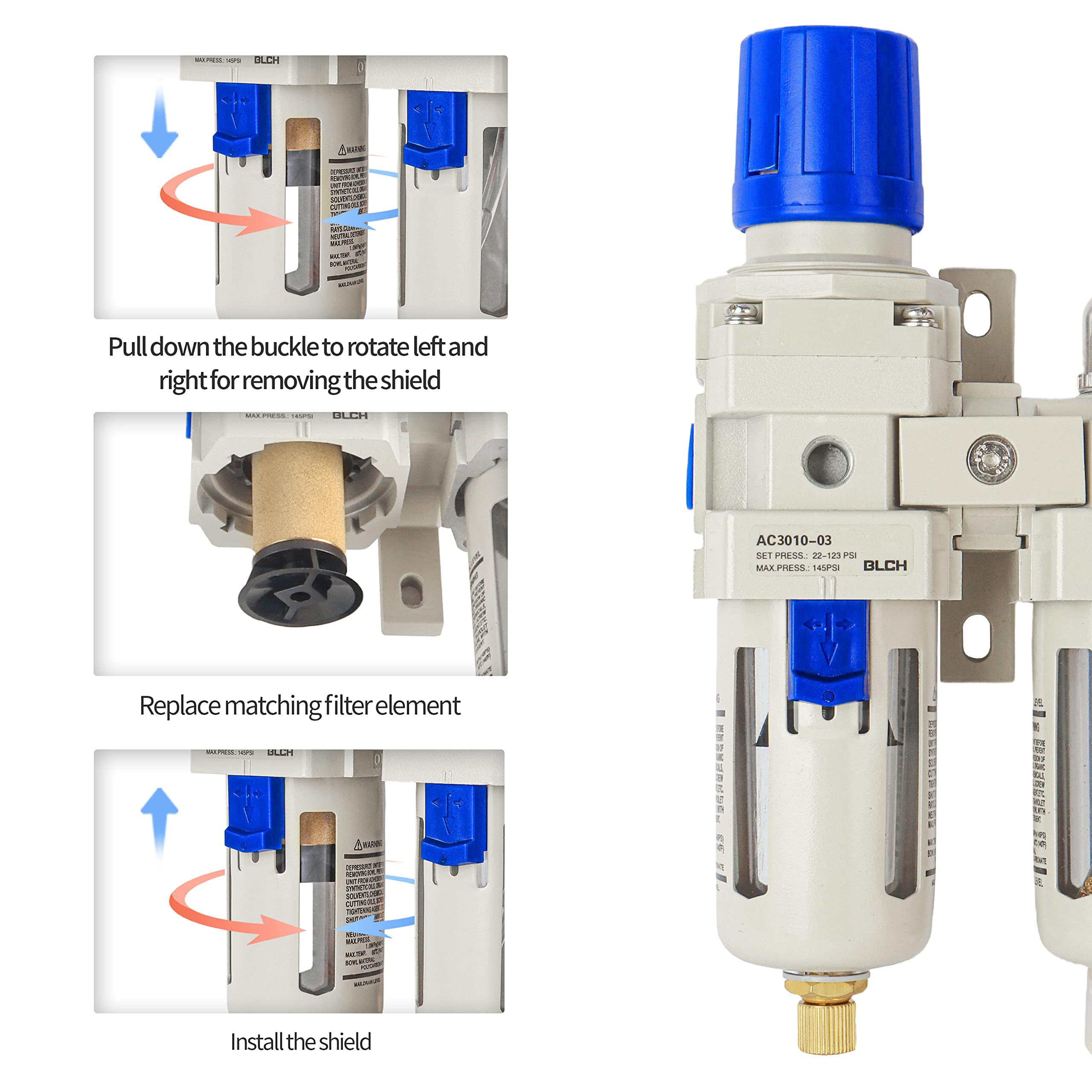 BLCH 3/8" BSP Kompressor-Wasserabscheider - FRL-Kombigerät AC3010-03 mit halbautomat. Ablass, lebensmittelechtem Polycarbonat-Behälter, Manometer (0-160 PSI/11 bar) & 5μm Messing-Filter.
