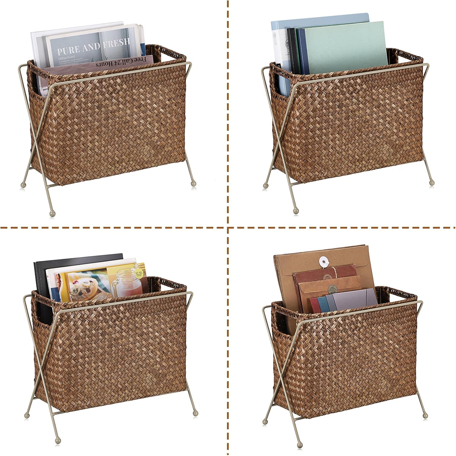 BTSKY Magazine Basket, Mail Basket for Counter, Woven Storage Bin with Metal Rack & Handle for Files, Books, Newspapers, Desktop Organizer for Office, Living Room, Dorm, Bathroom, 12"x5.7"x8.7"