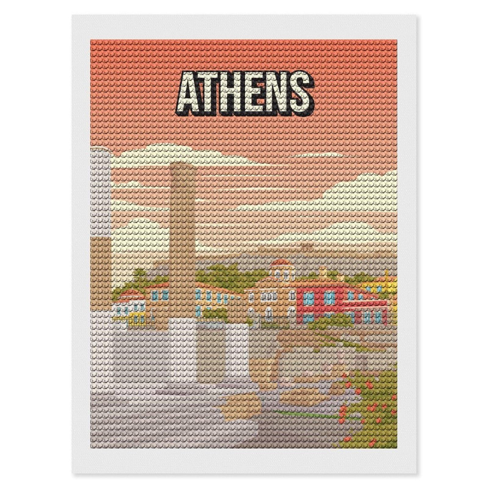 Junmoney Athens Greece Historic City Art Print Acropolis Travel Full Drill Diamond Painting Kit 12"x16", for Teens, Calming Craft to Unwind, Home Wall Decor, Christmas Gift