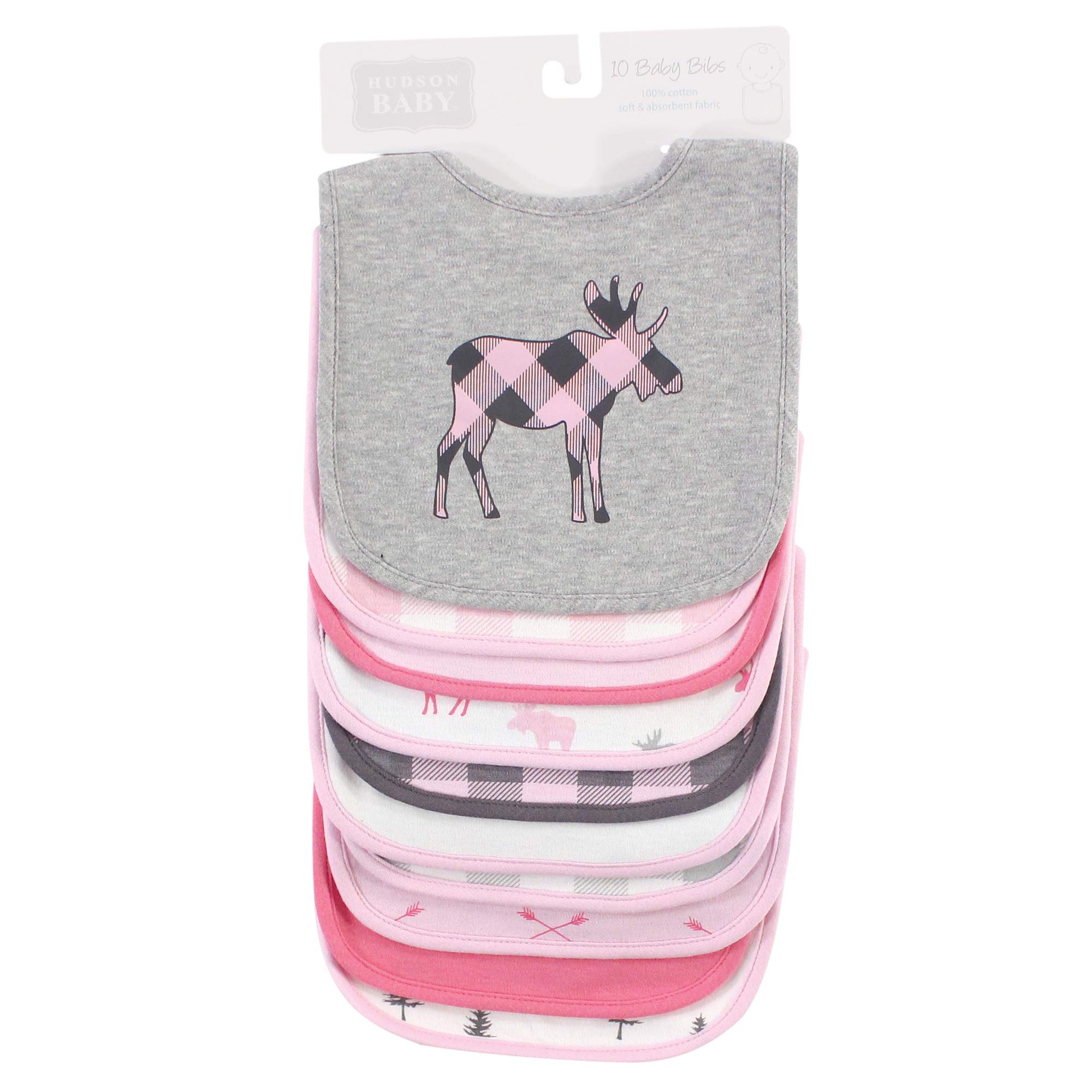 Hudson Baby Unisex Baby Cotton Bibs, Pink Plaid Moose, One Size